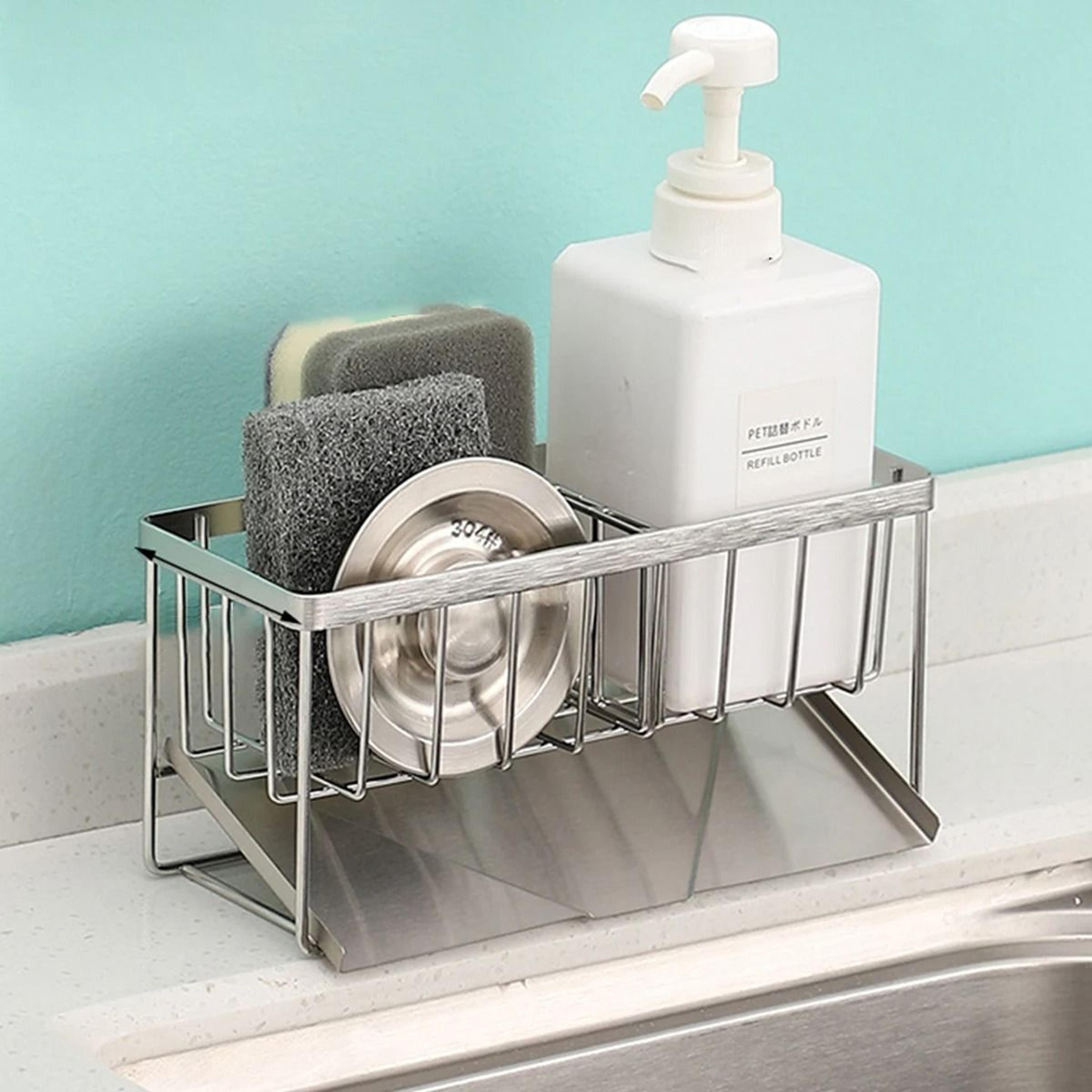 drainmaster 304 stainless steel sink caddy – sponge, soap & brush organizer with removable drain tray