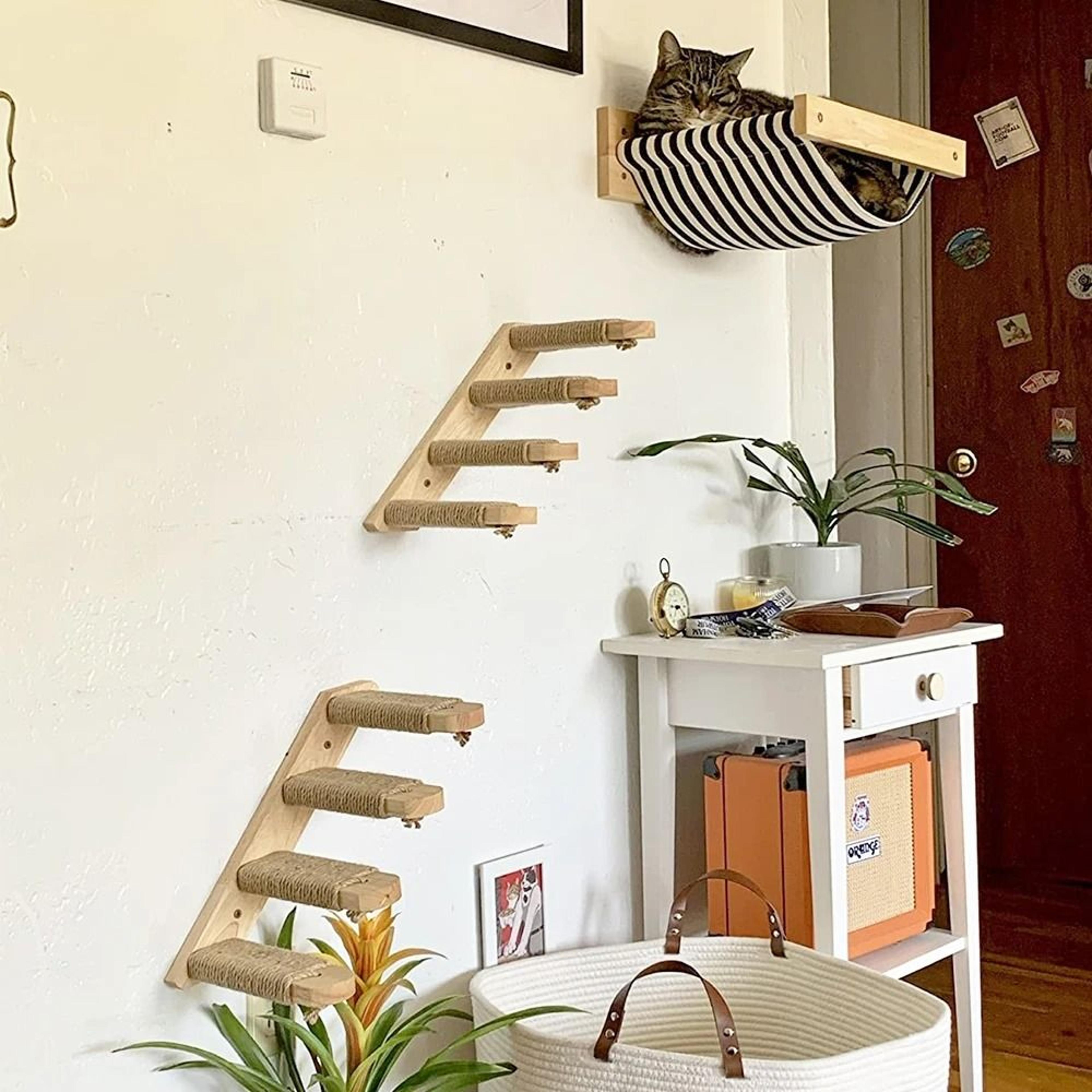 Wall Mounted Cat Climbing Shelf Set With Scratching Post Cat Bed Hideaway House And Activity Steps 1