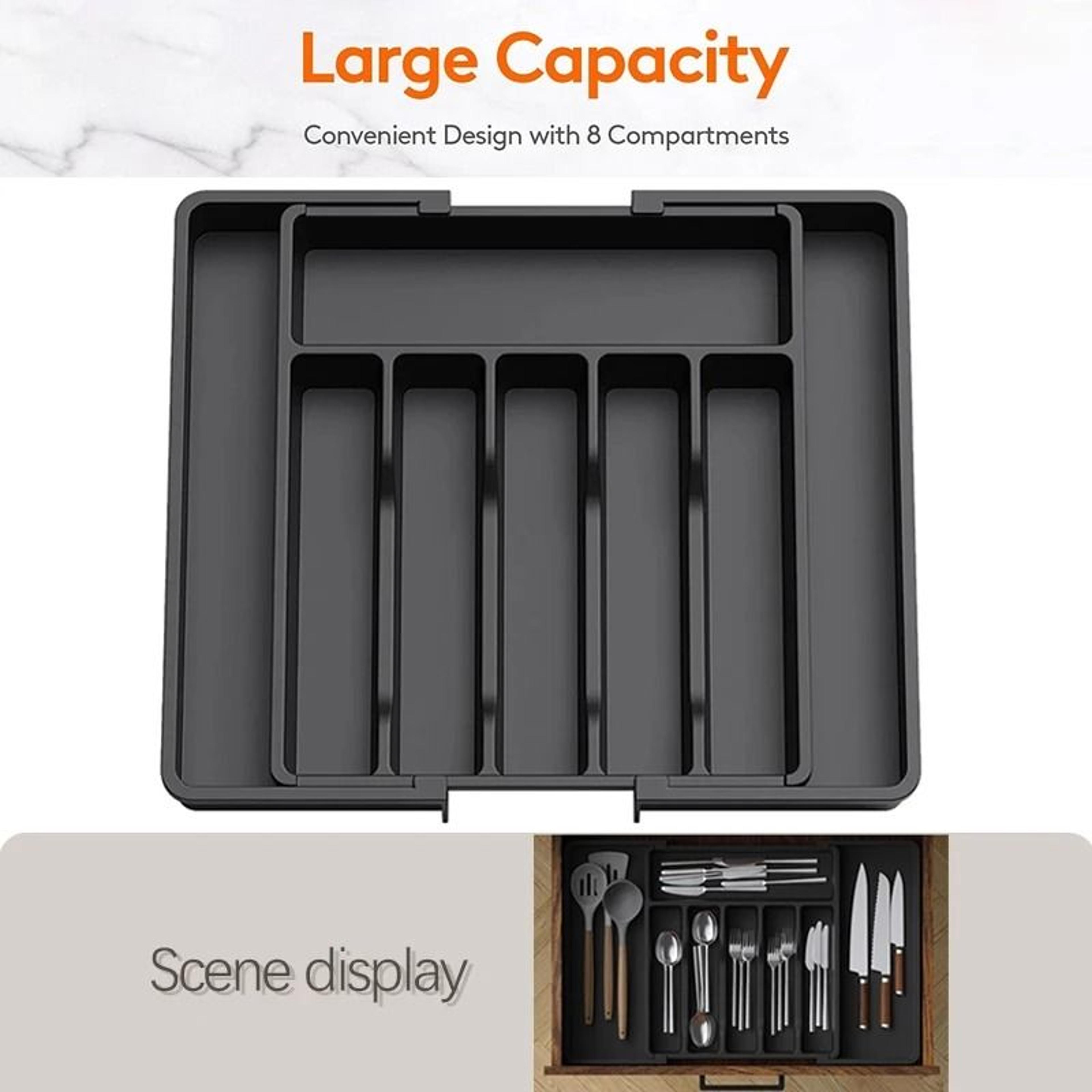 expandable cutlery drawer organizer tray for silverware, spoons, and kitchen utensils