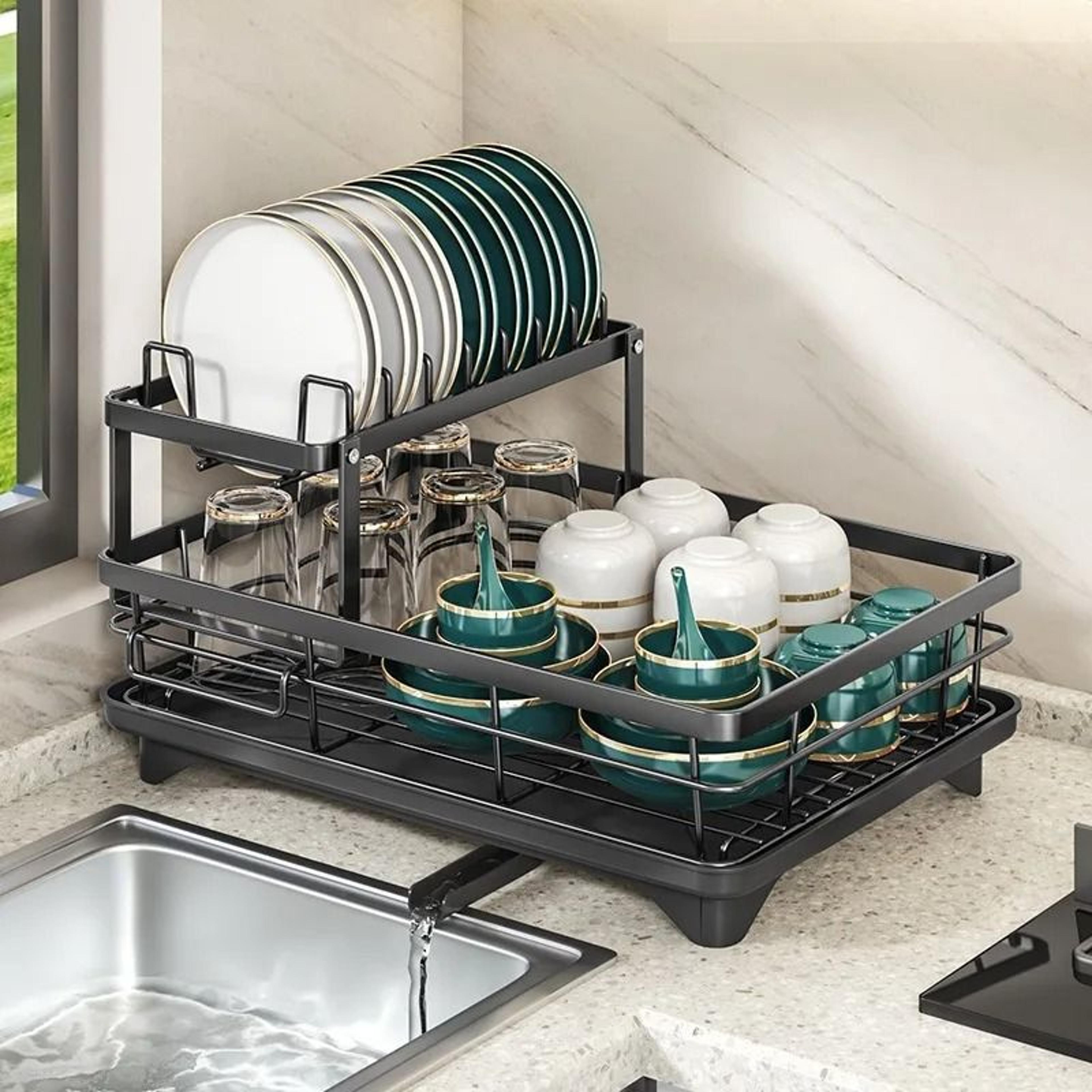 Adjustable Stainless Steel Dish Drying Rack With Cutting Board And Bowl Organizer 2