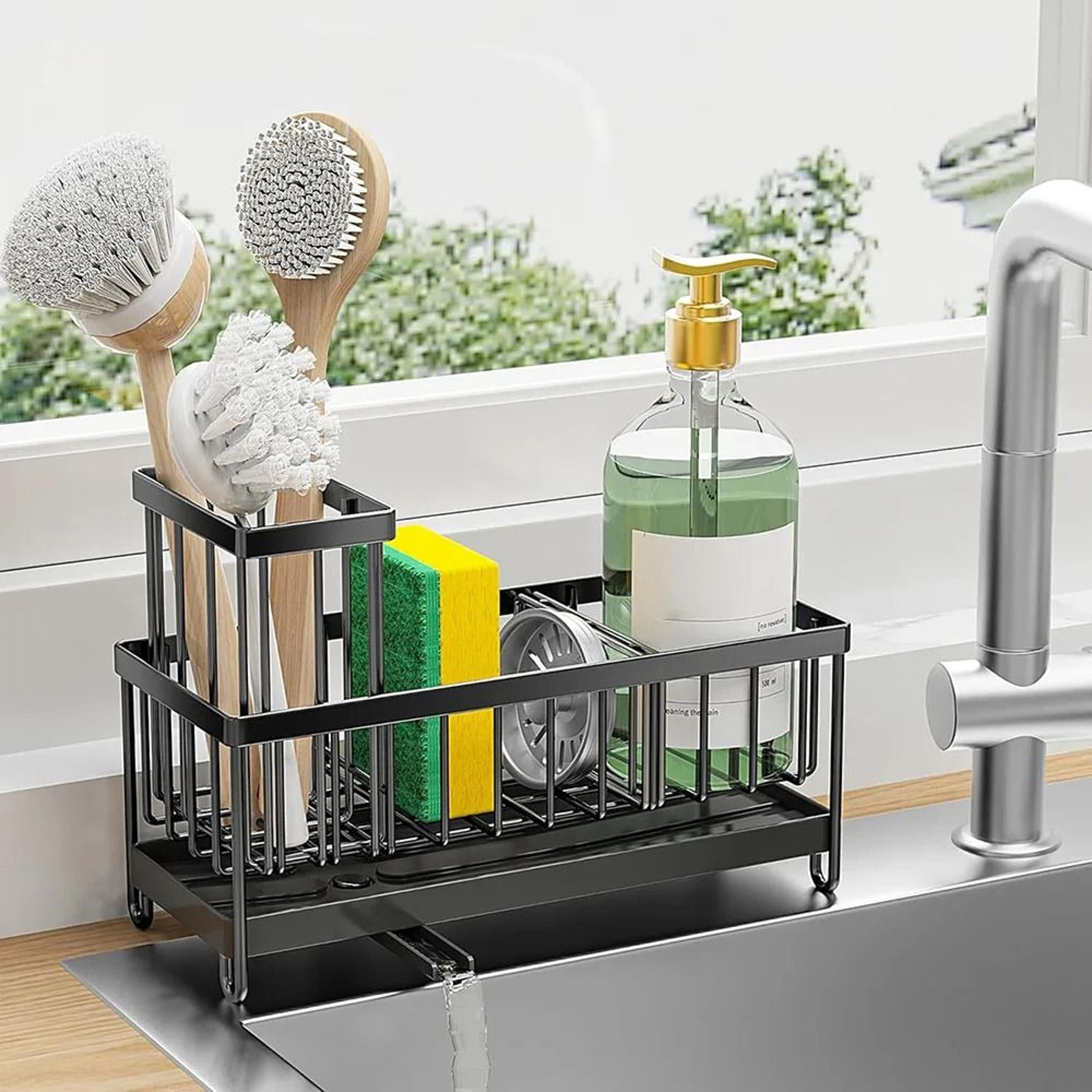 Kitchen Sink Sponge Holder Caddy With Brush Organizer  Sink Caddy Organizer For Sponges Soap  Clean 0