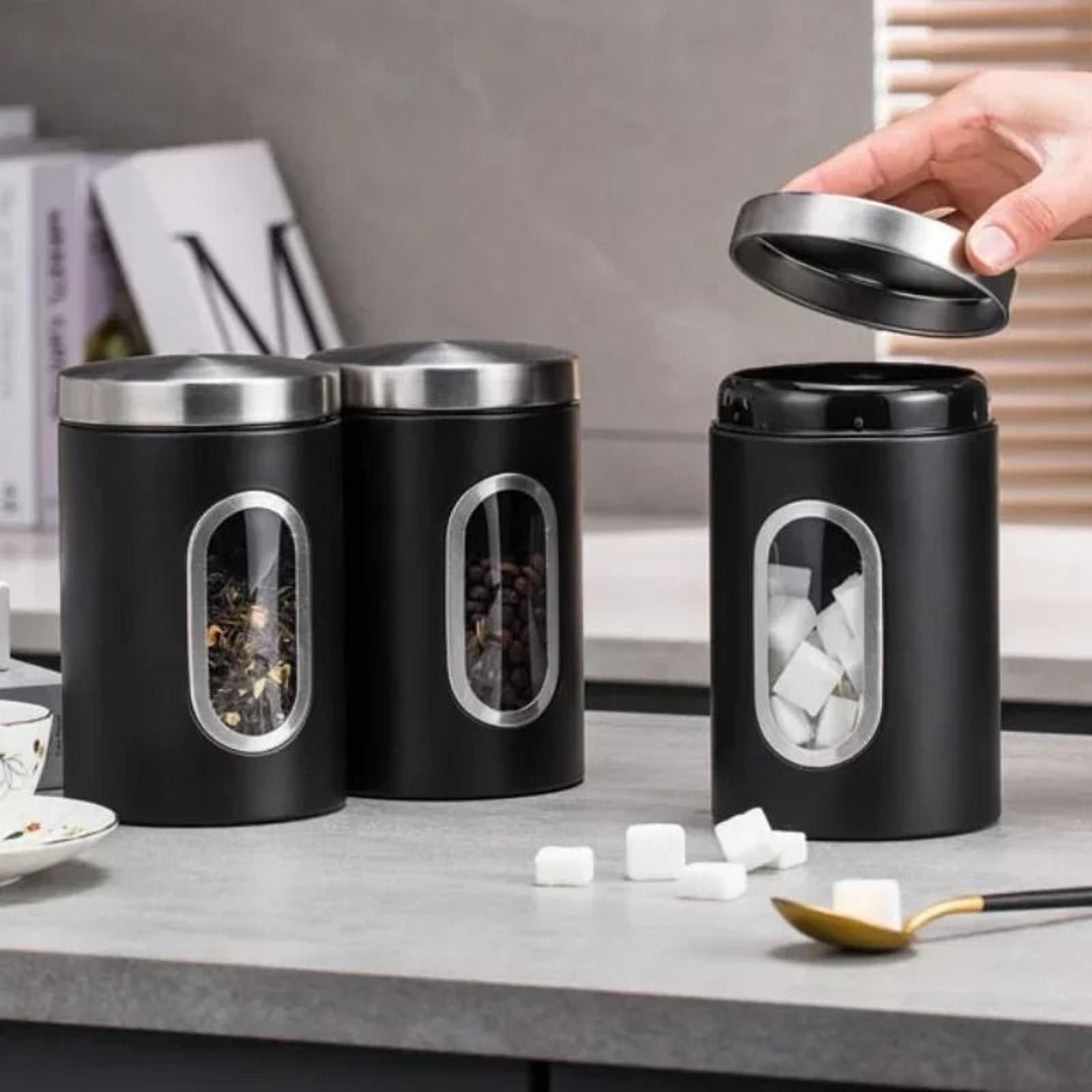stainless steel coffee canister set with airtight seal and viewing window