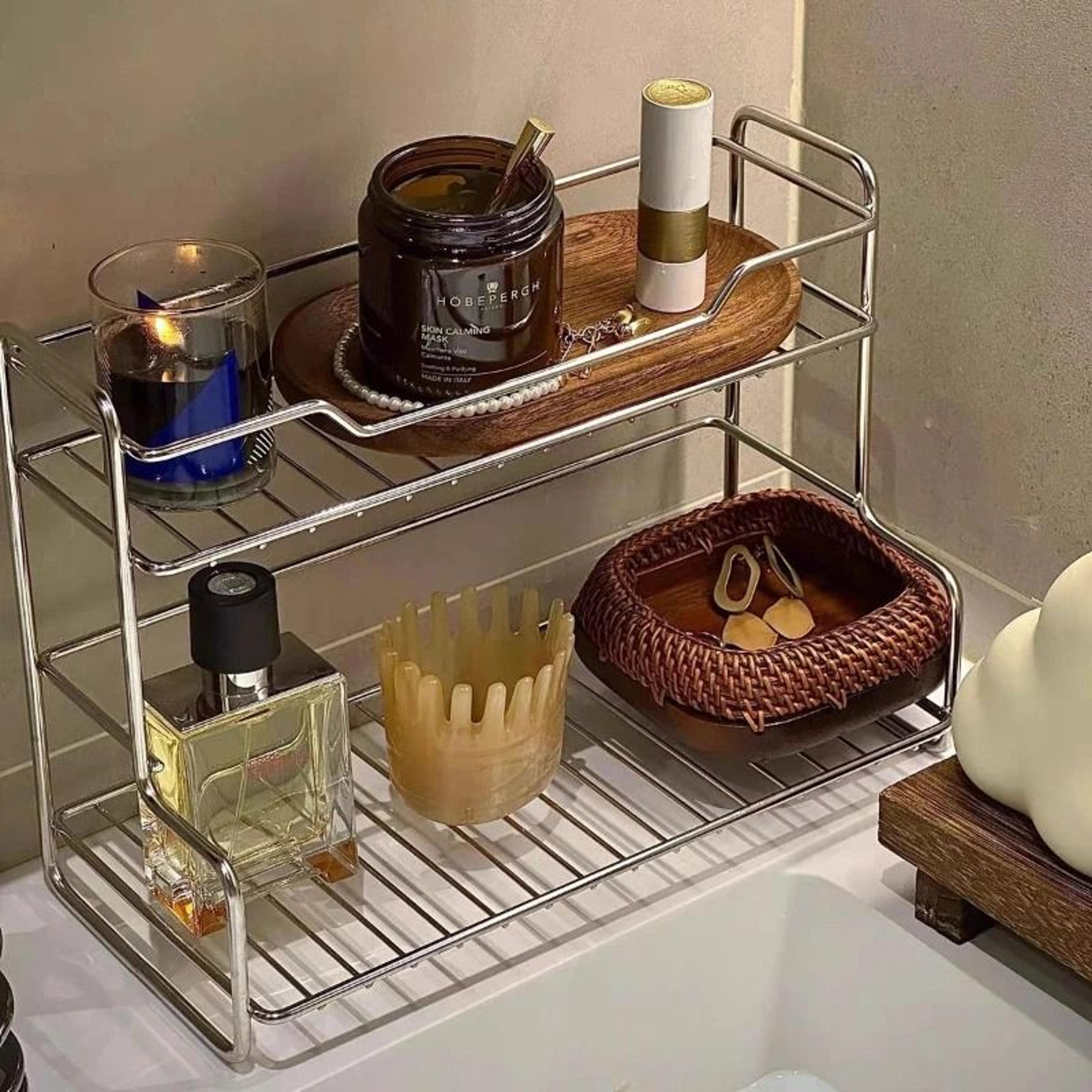 minimalist double-tier bathroom counter organizer rack for cosmetics, toiletries, and skincare storage