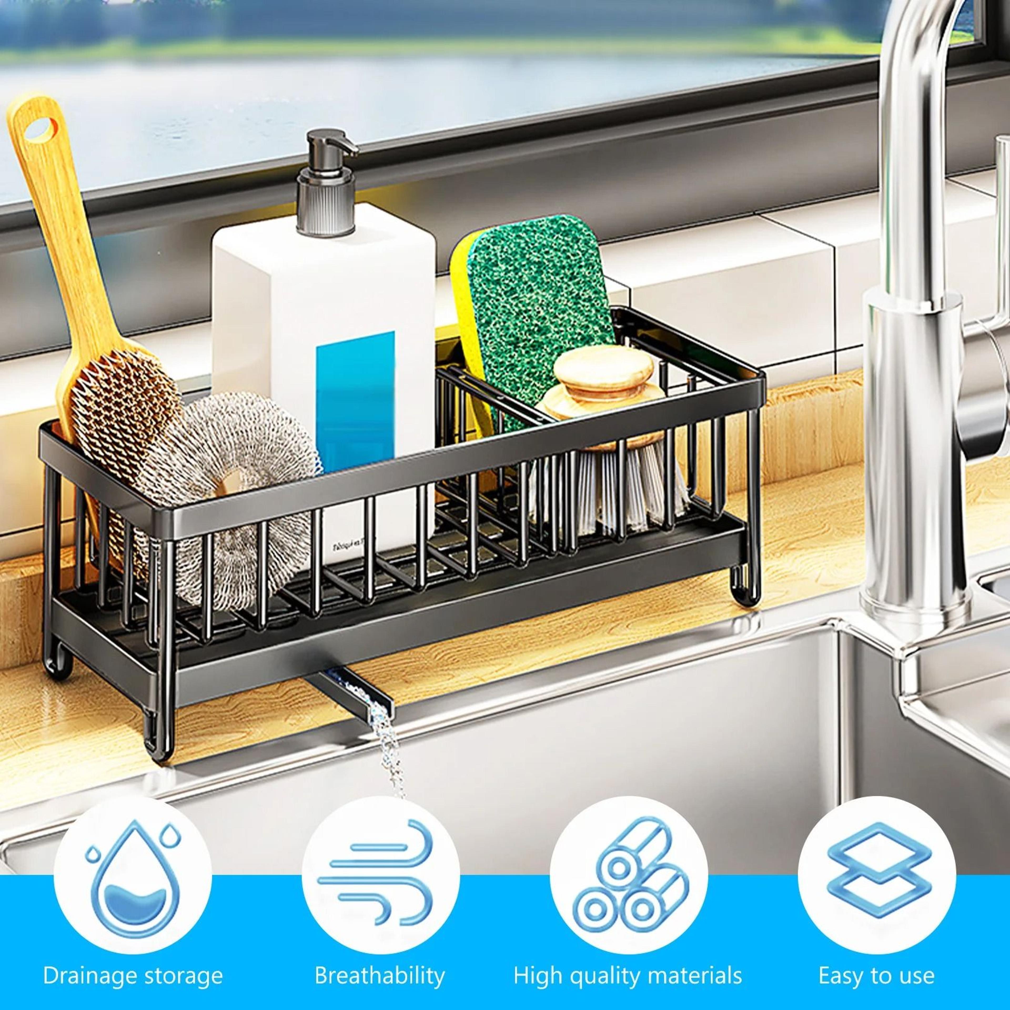 304 Stainless Steel Kitchen Sink Caddy Organizer With Sponge Holder Soap Rack And Brush Storage 5