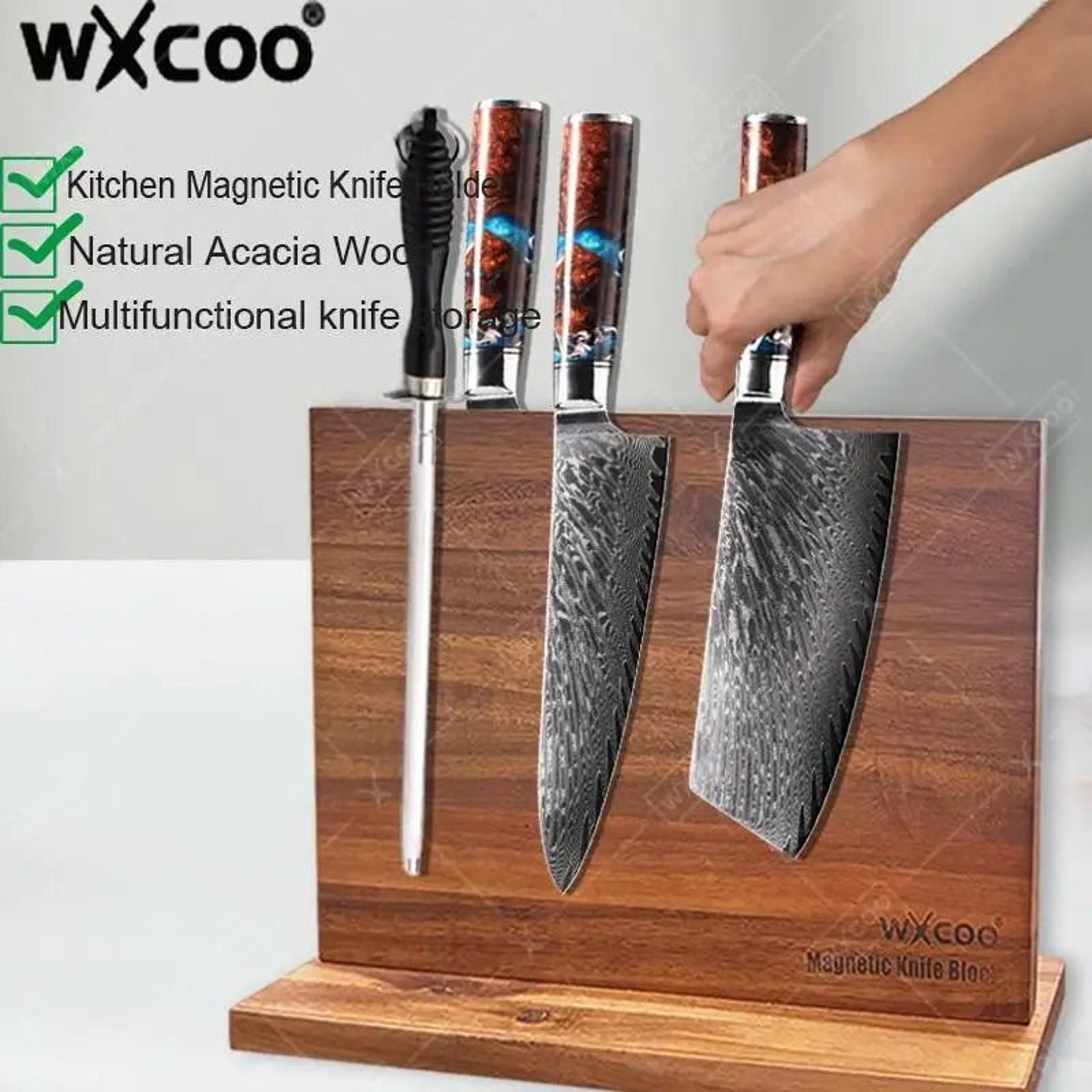 acacia wood magnetic knife holder block with extra-strong magnetic storage stand