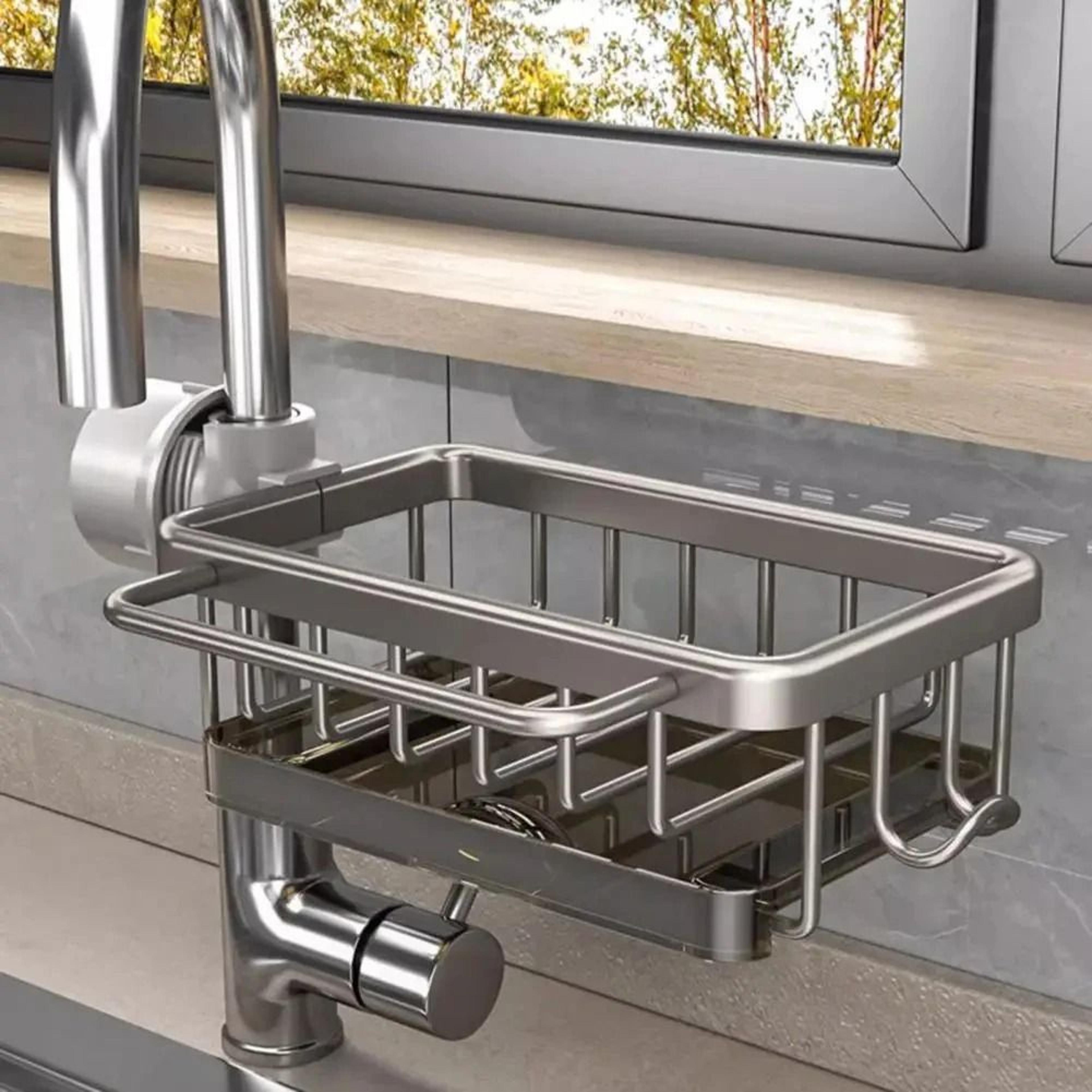 Faucet Mounted Kitchen Sink Storage Rack With Drain Basket For Sponges Soap And Cleaning Supplies 1
