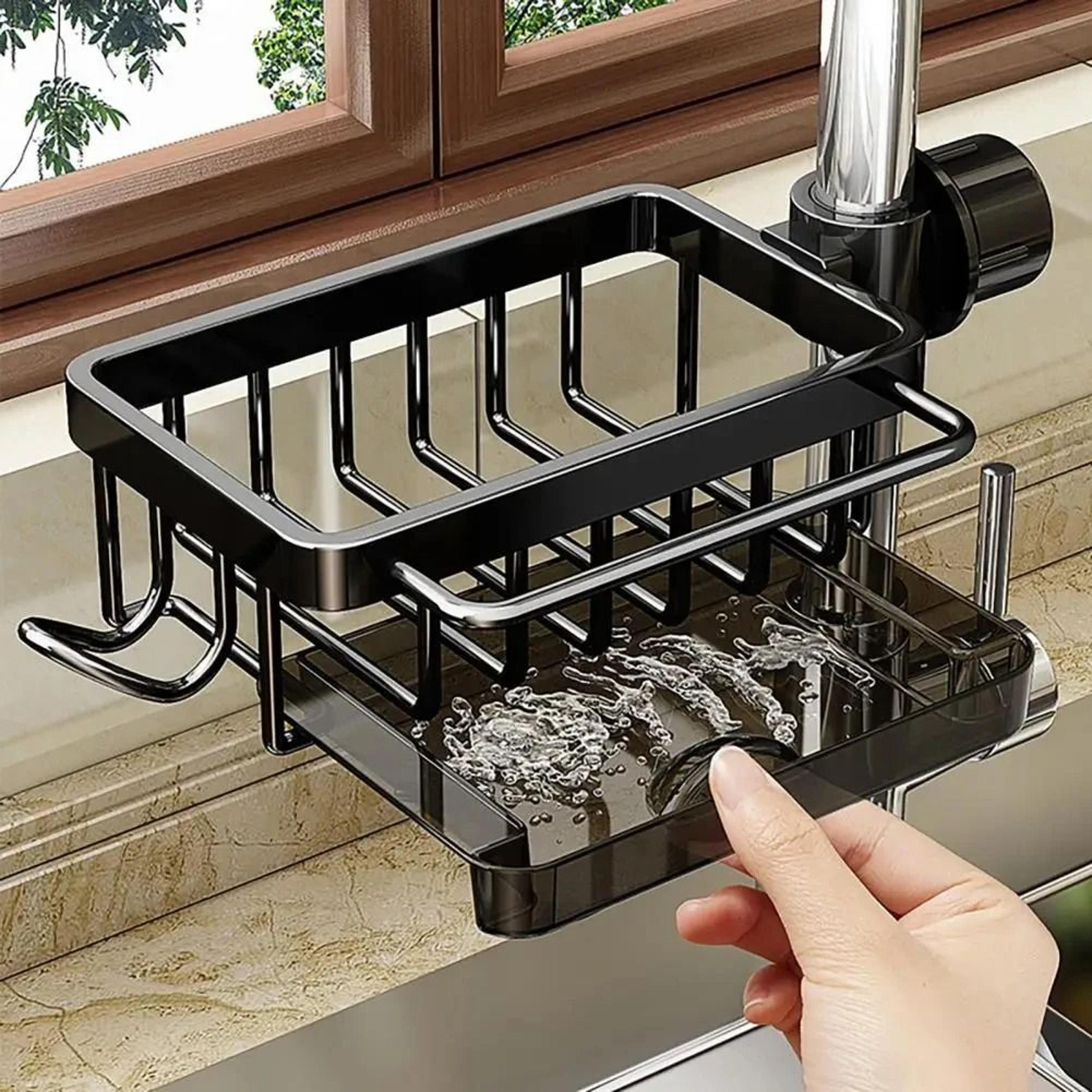 Faucet Mounted Kitchen Sink Storage Rack With Drain Basket For Sponges Soap And Cleaning Supplies 3