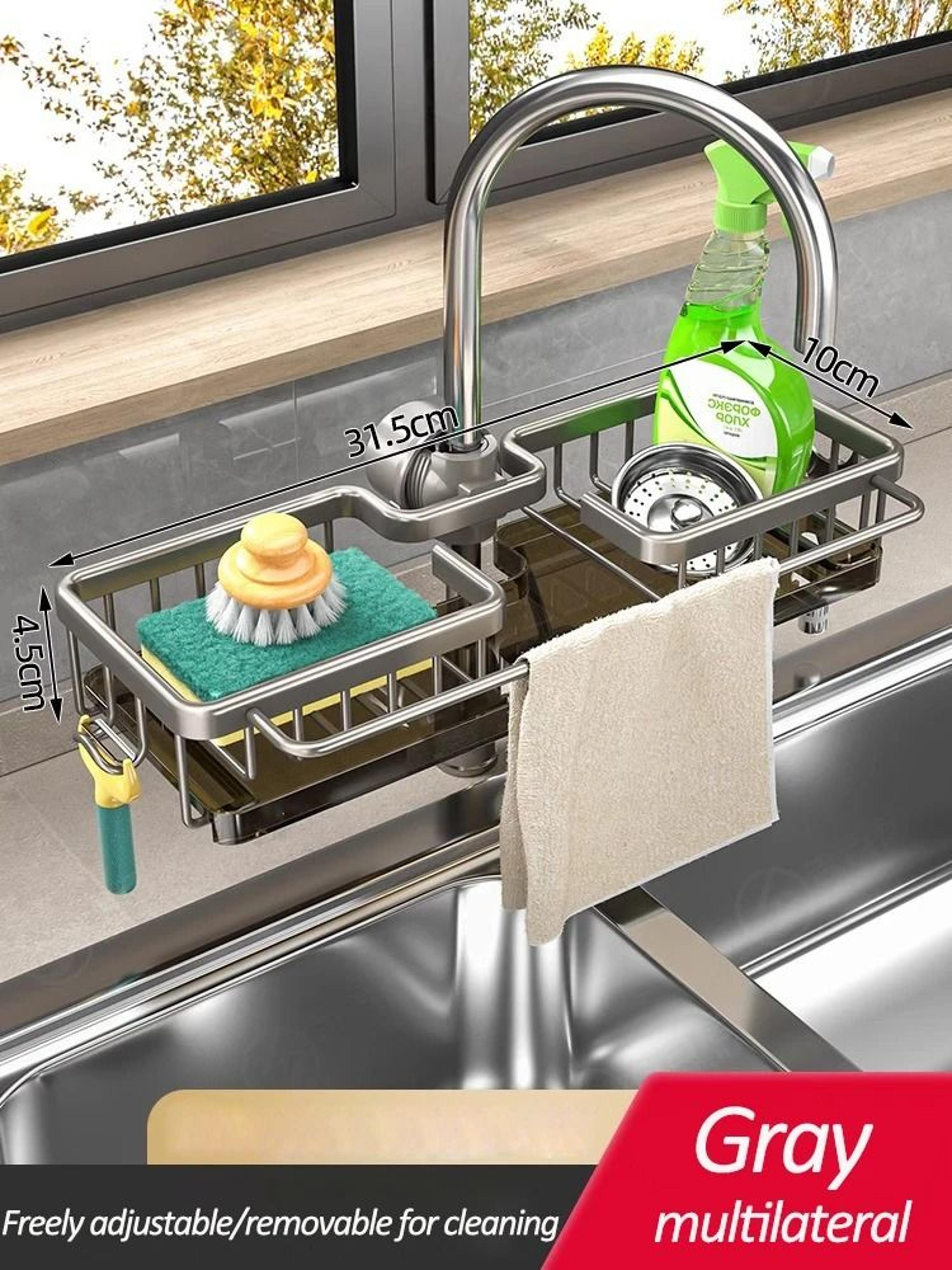 Faucet Mounted Kitchen Sink Storage Rack With Drain Basket For Sponges Soap And Cleaning Supplies 12