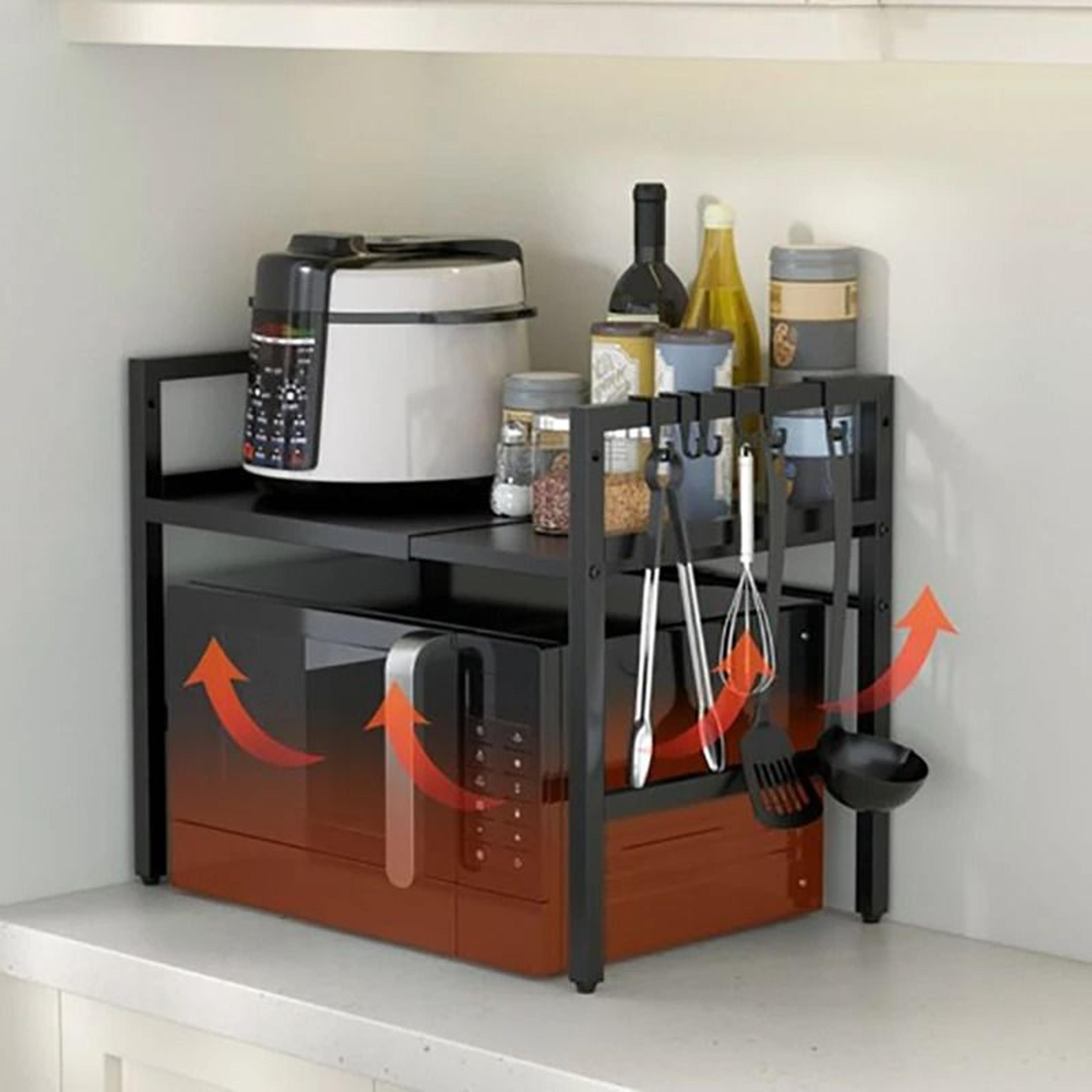 Expandable Microwave Oven Rack With 6 Hooks For Countertop Kitchen Storage 5