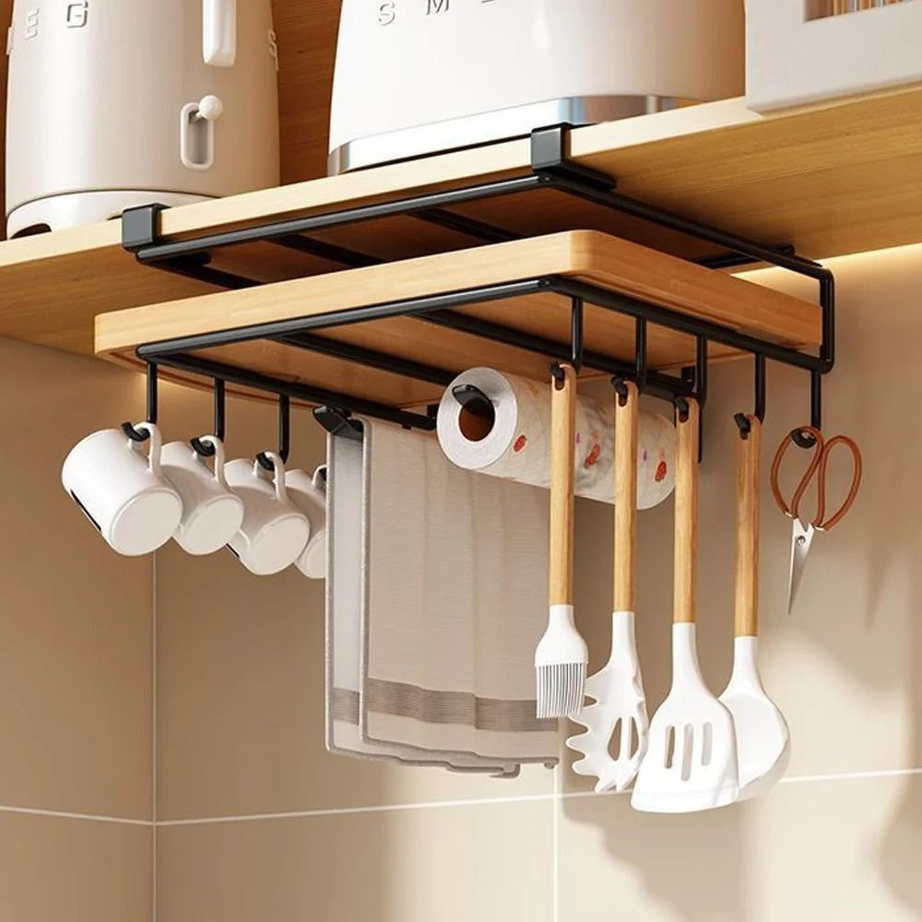 under cabinet kitchen organizer rack with hooks for paper towels, cutting boards & pot lid storage