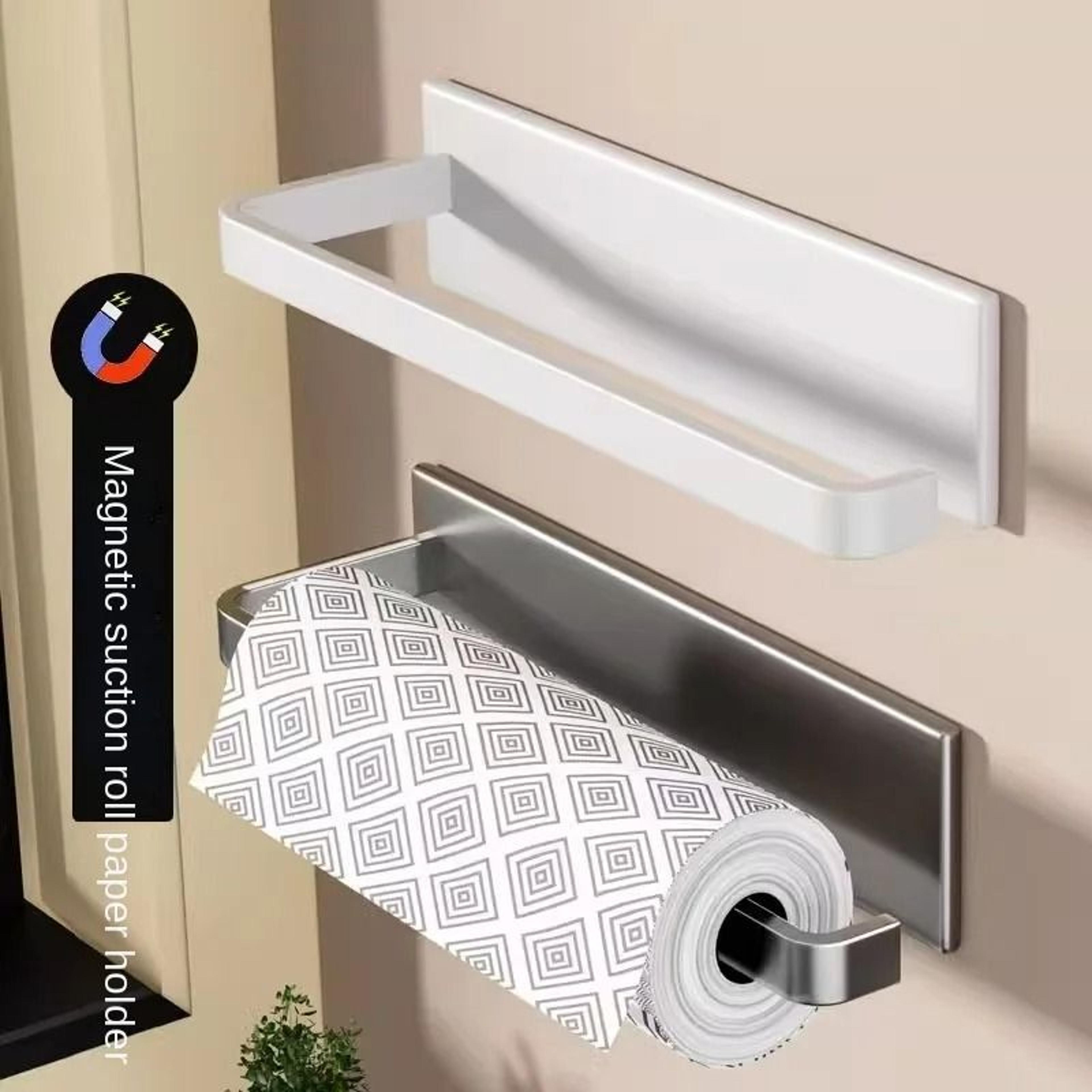 magnetic wall mounted paper towel holder with storage shelf for refrigerator, cabinet & kitchen organization