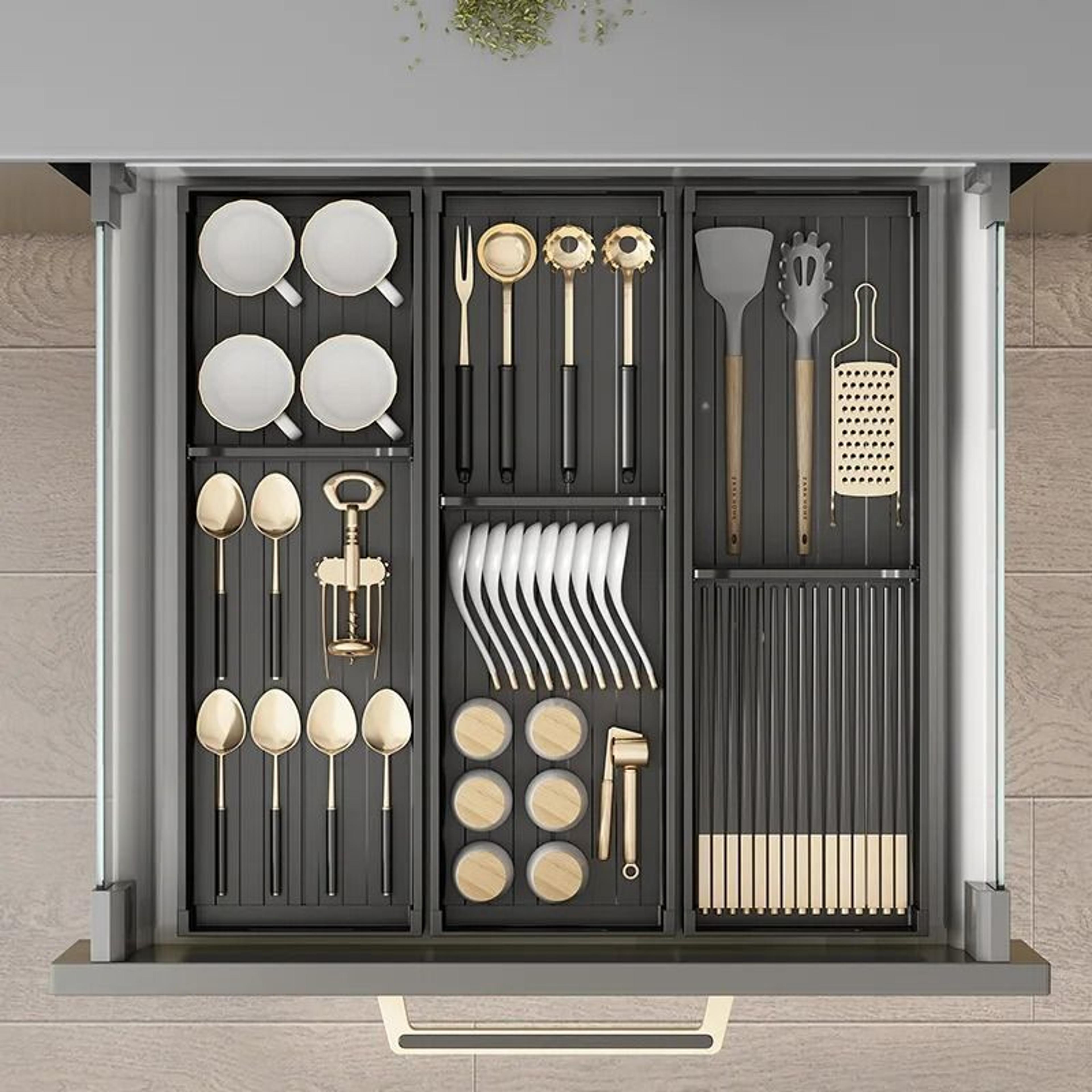 Adjustable Under Cabinet Dish Drying Rack With Retractable Utensil Holder And Sink Organizer 3