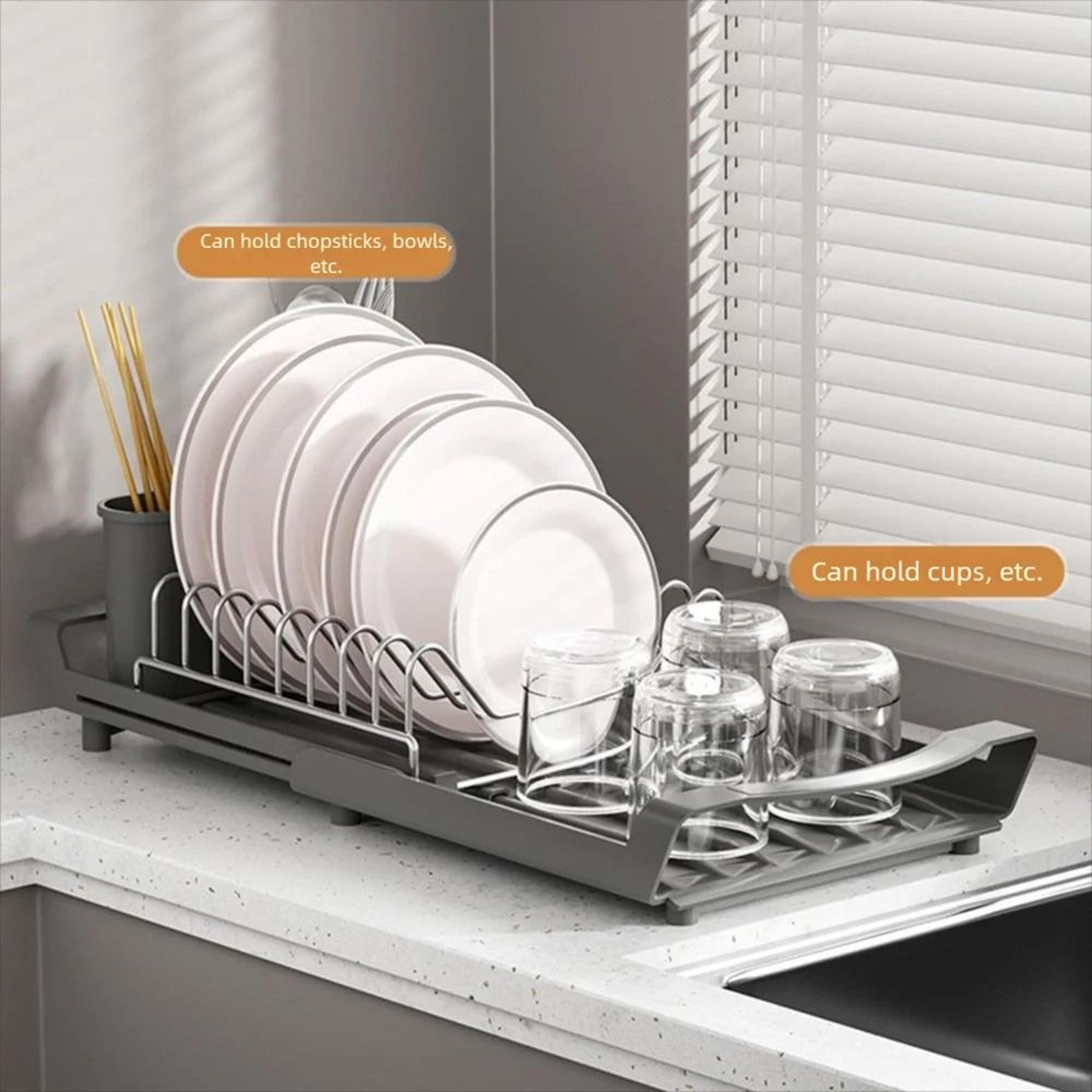 Extendable Dish Drying Rack With Utensil Holder And Drain Tray 1