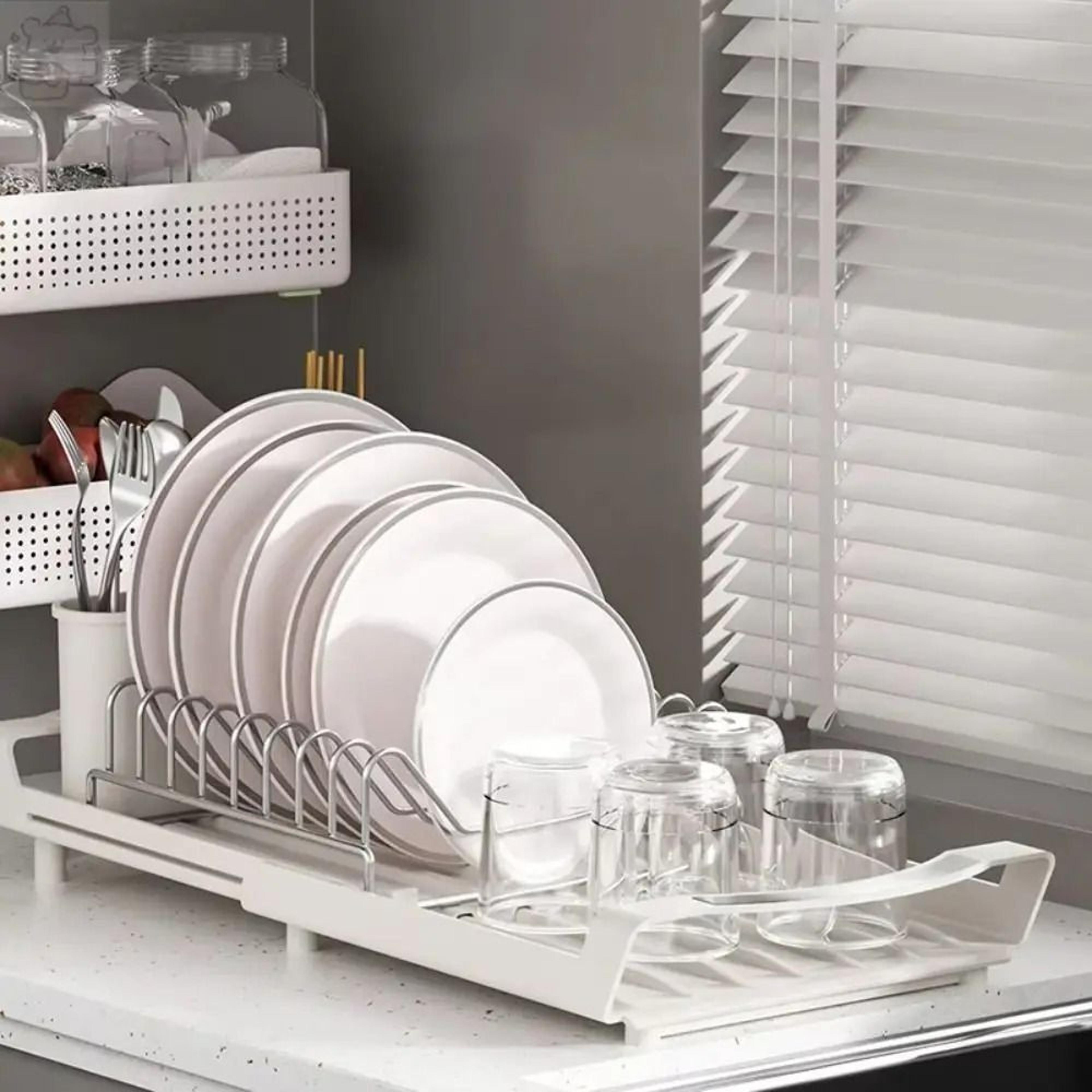 Extendable Dish Drying Rack With Utensil Holder And Drain Tray 3
