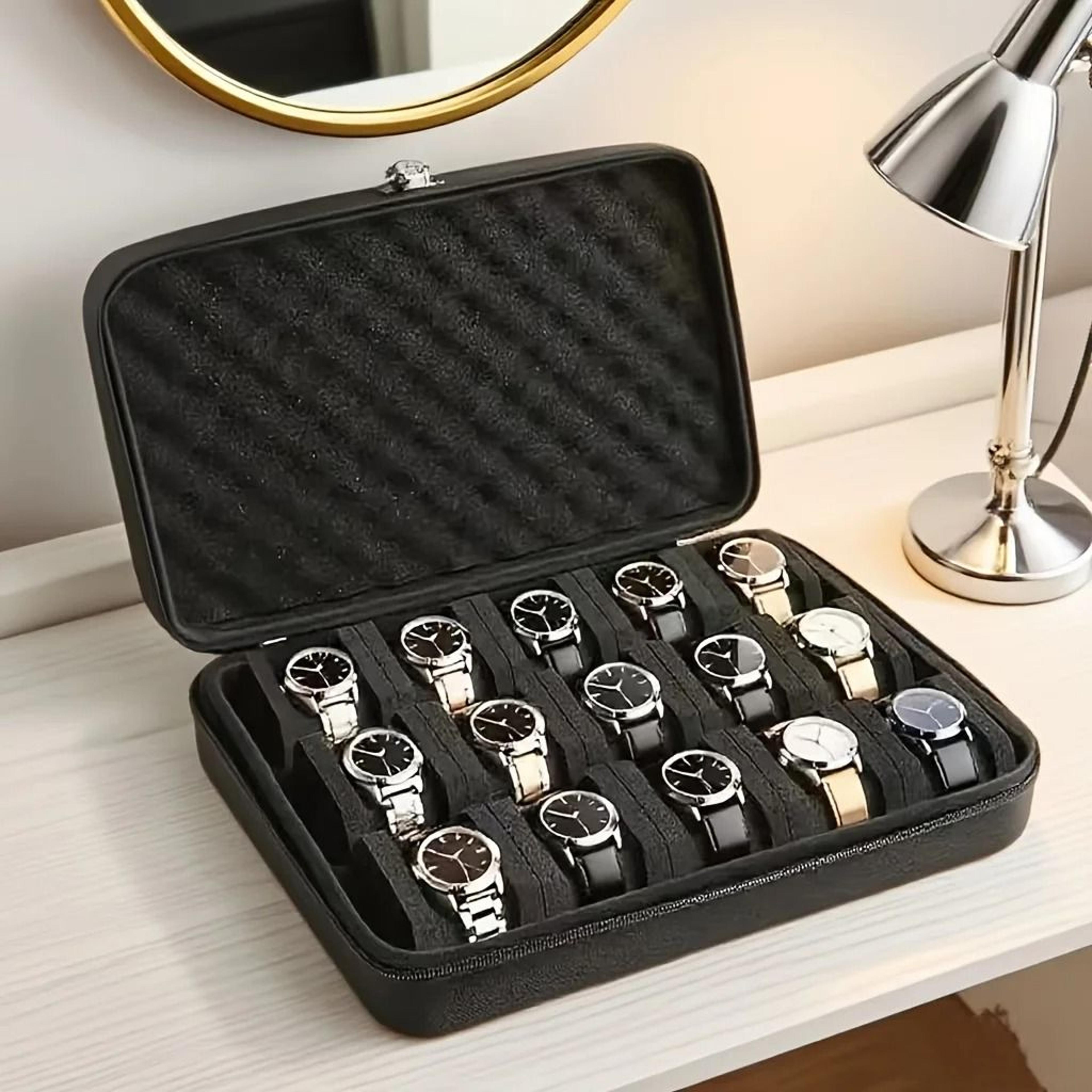portable watch and jewelry storage box with 15 slots