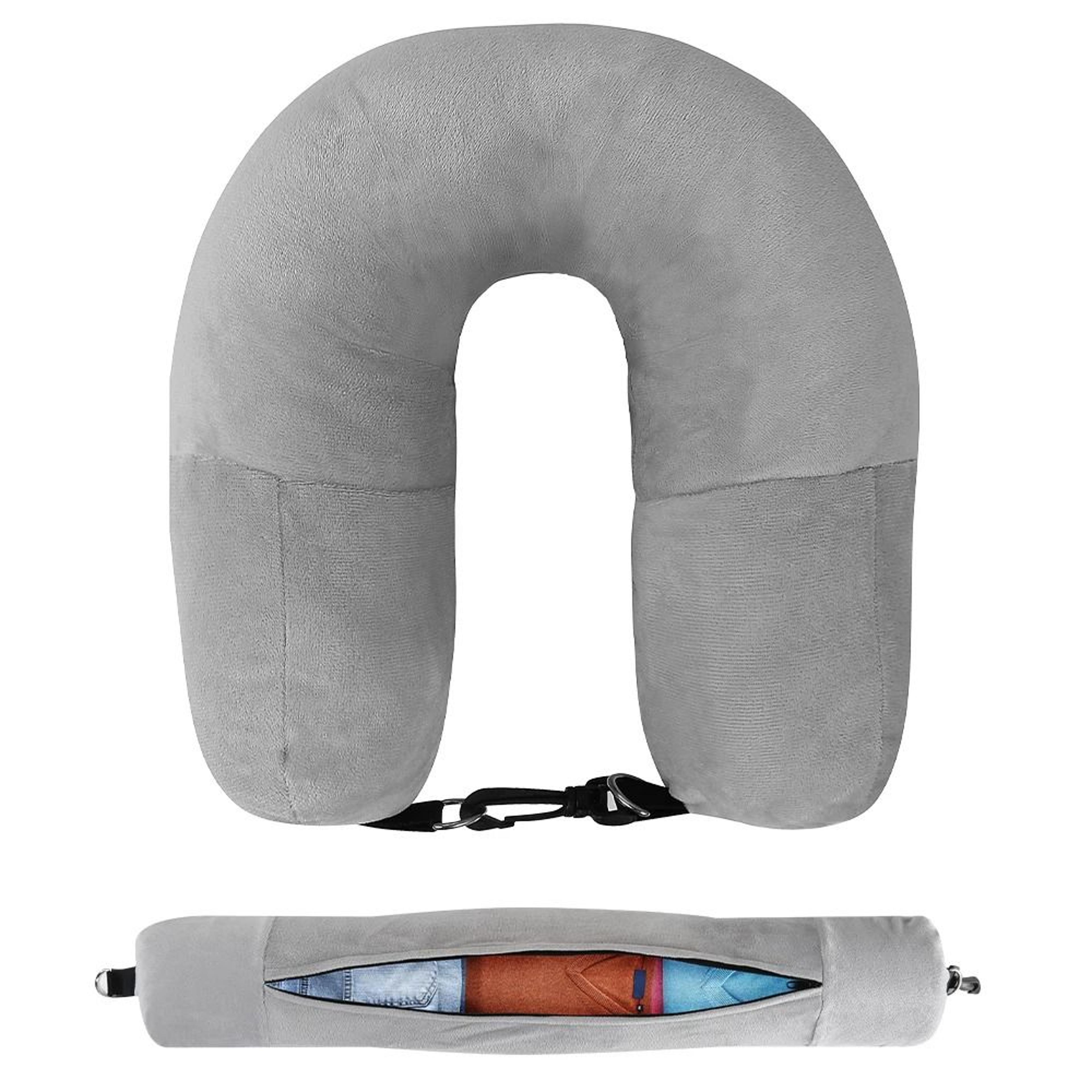 Packable Travel Neck Pillow With Hidden Storage Refillable U Shaped Airplane And Car Pillow 11