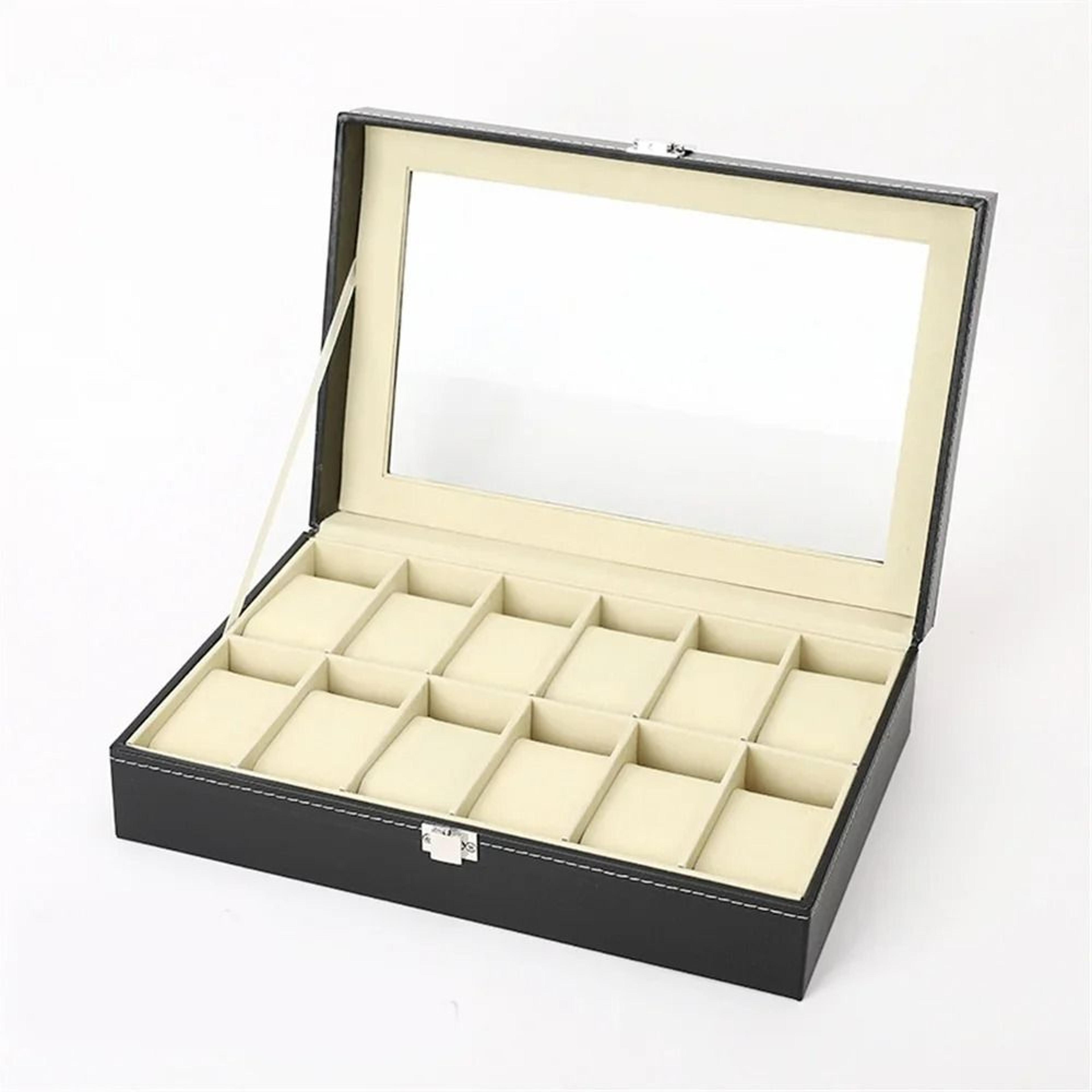 Luxury Faux Leather Watch Storage Box With Glass Display Lid And Lock 7