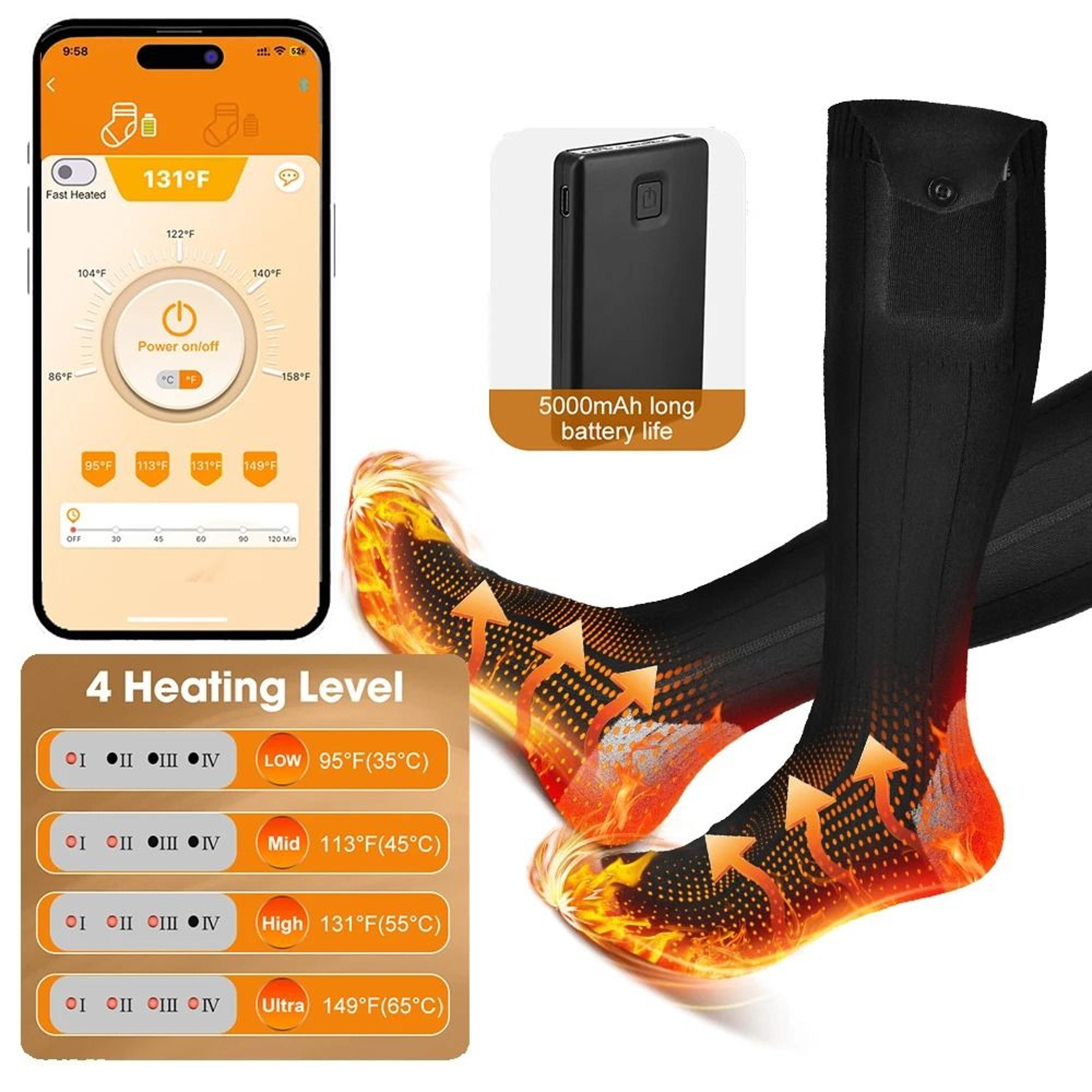app controlled rechargeable heated socks with 5000mah battery