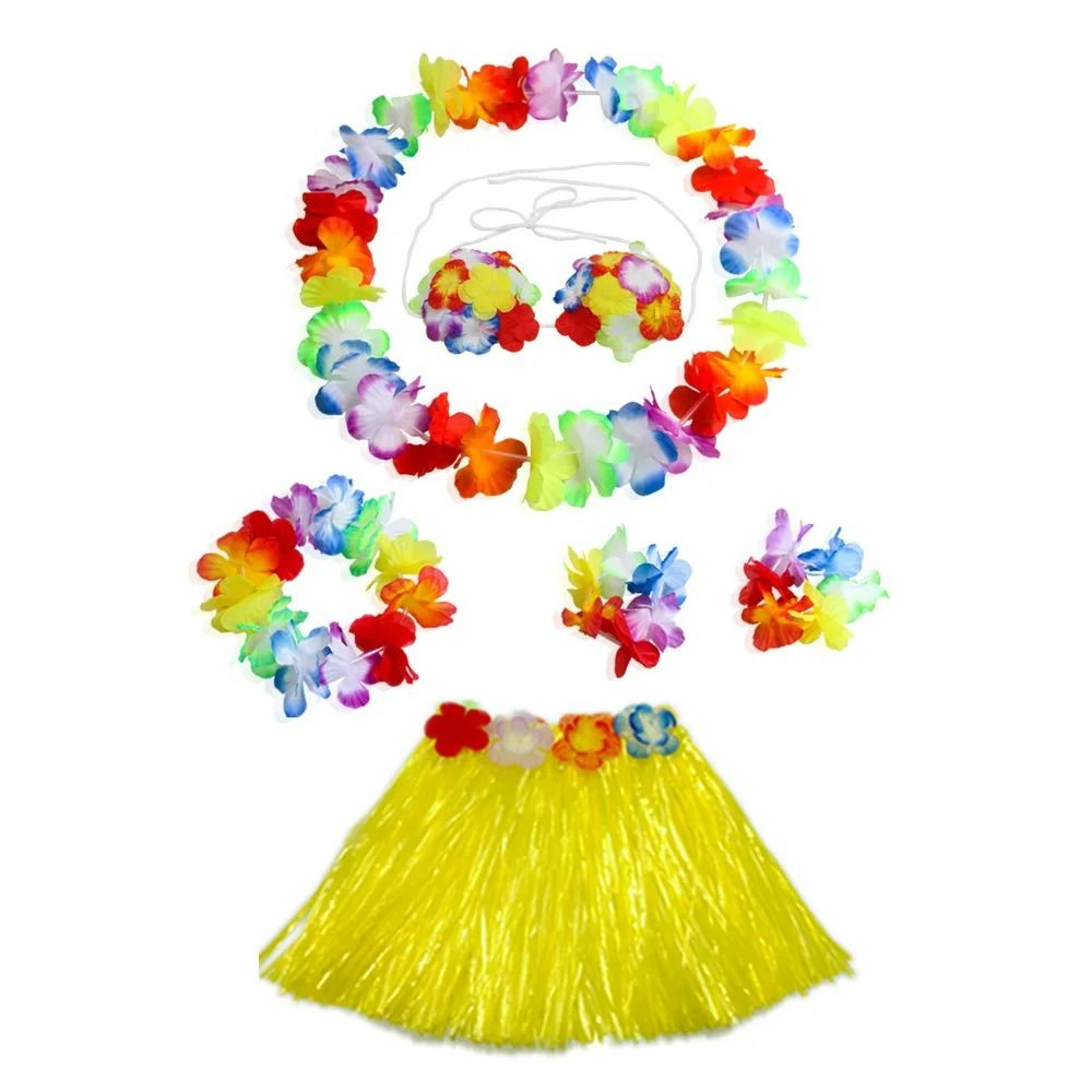 Kids Hawaiian Hula Grass Skirt Costume Set With Flower Lei Accessories 2