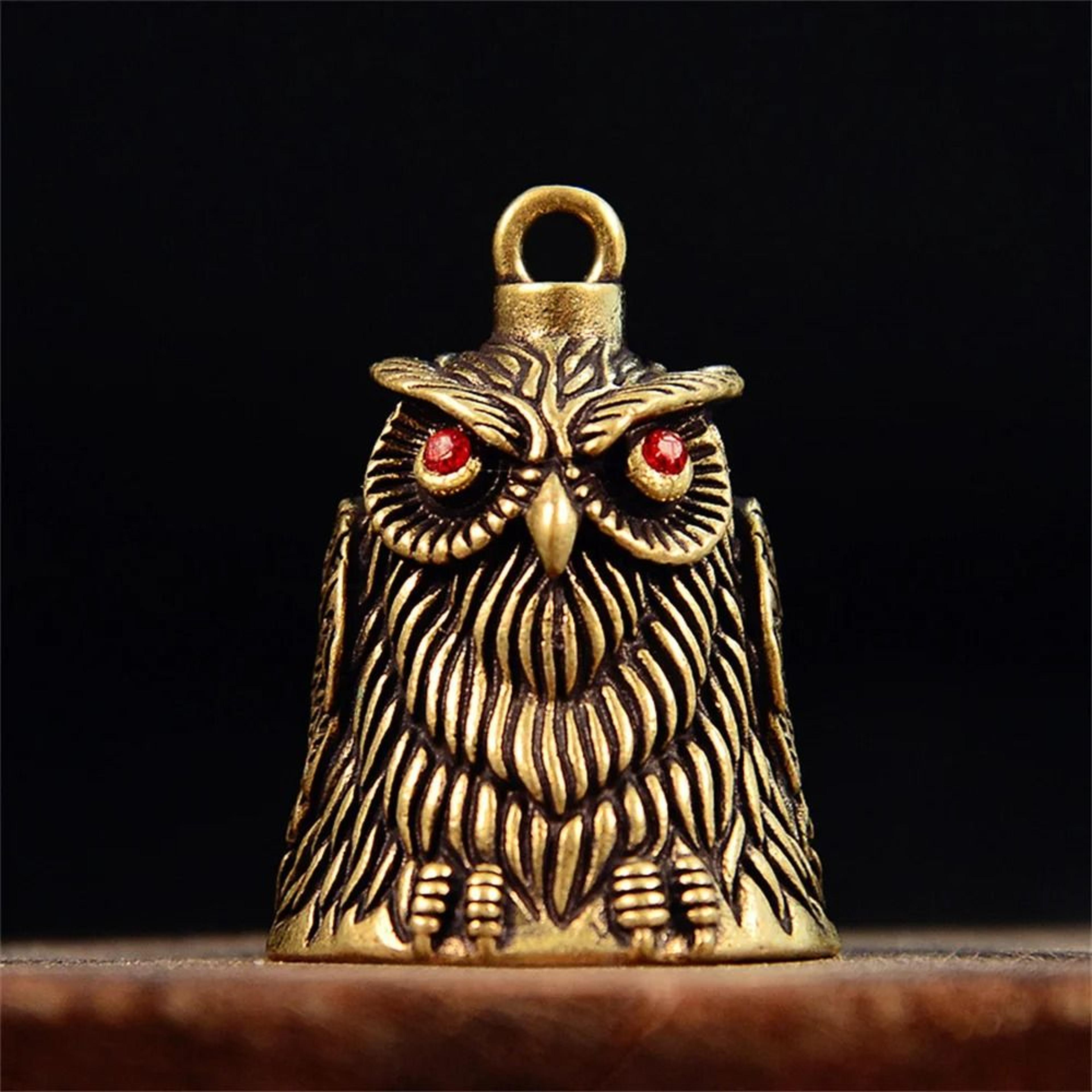 vintage brass owl bell hand carved lucky charm keychain and wind chime ornament