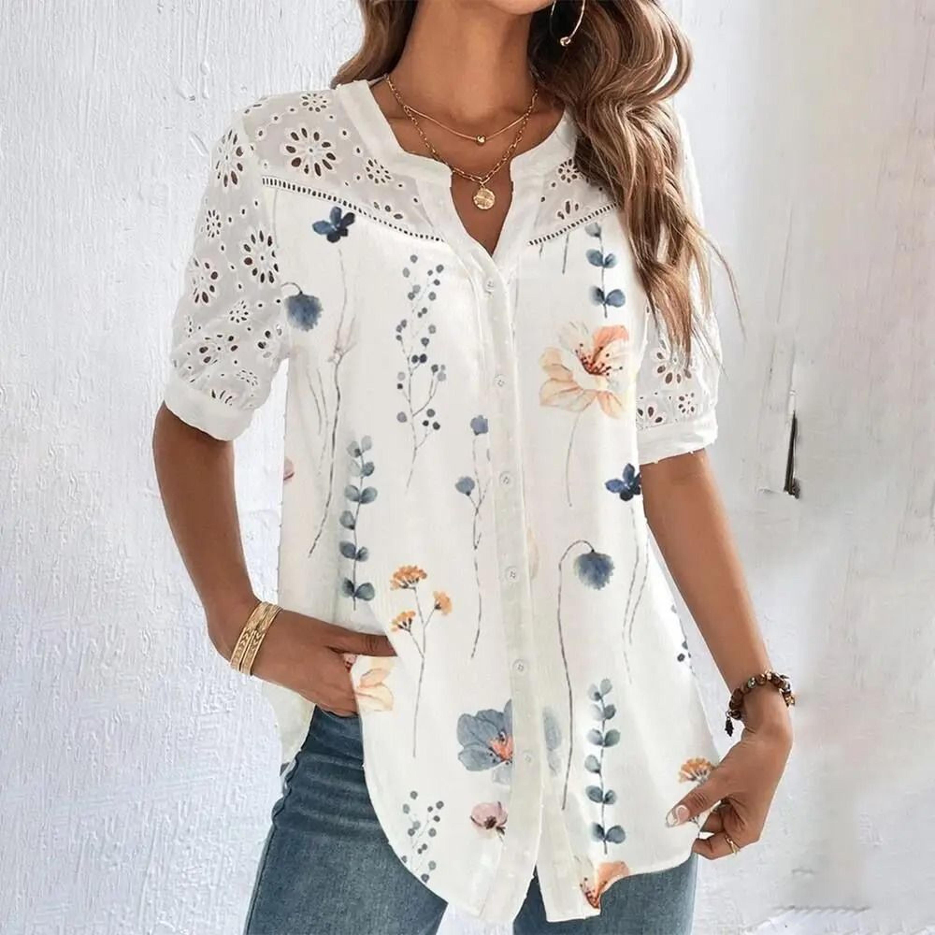 Womens Elegant Lace Short Sleeve Blouse Casual Loose Fit Top For Summer Holidays And Weekend Outfit 7