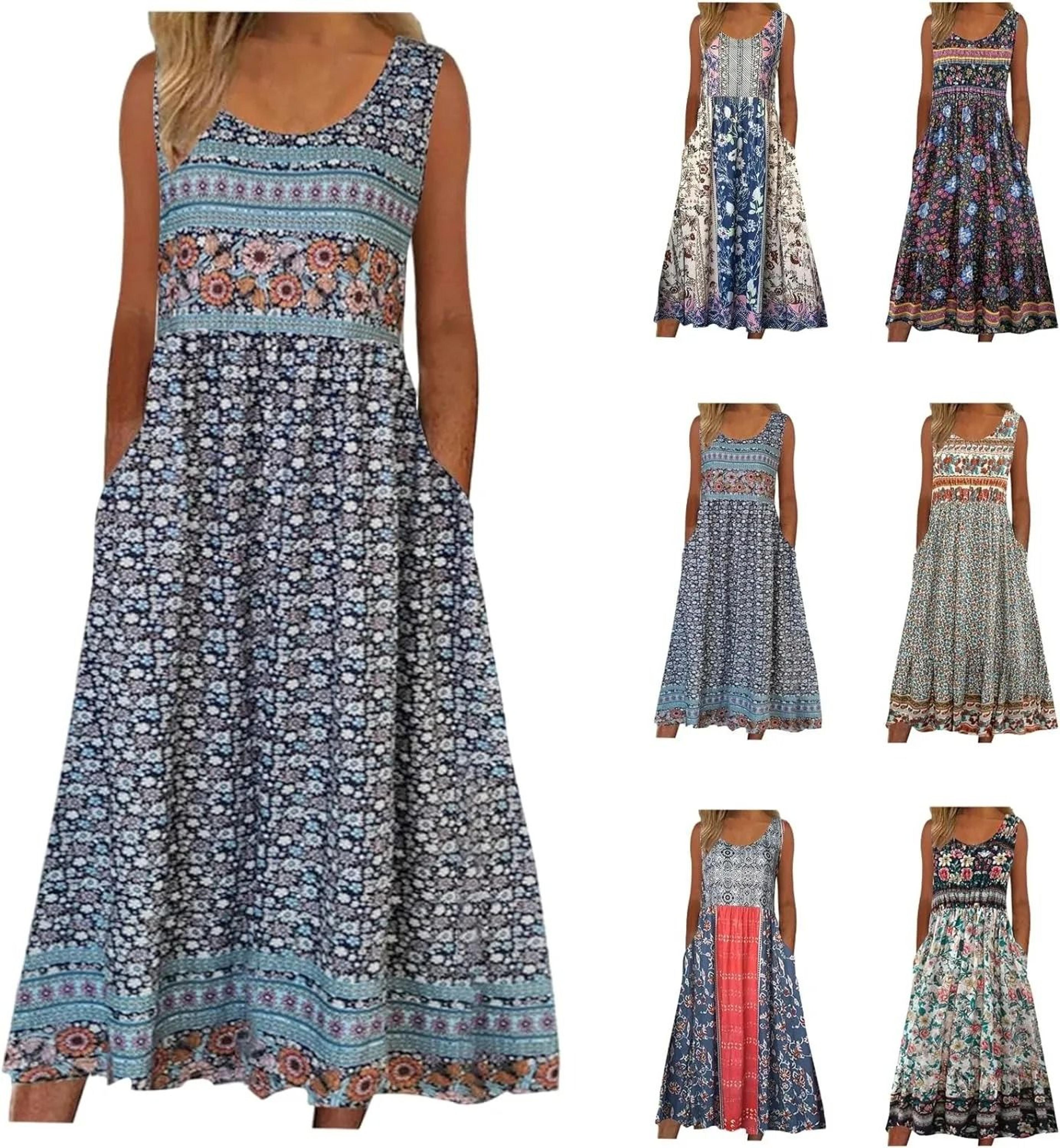 boho floral midi dress for women sleeveless summer sundress with pockets