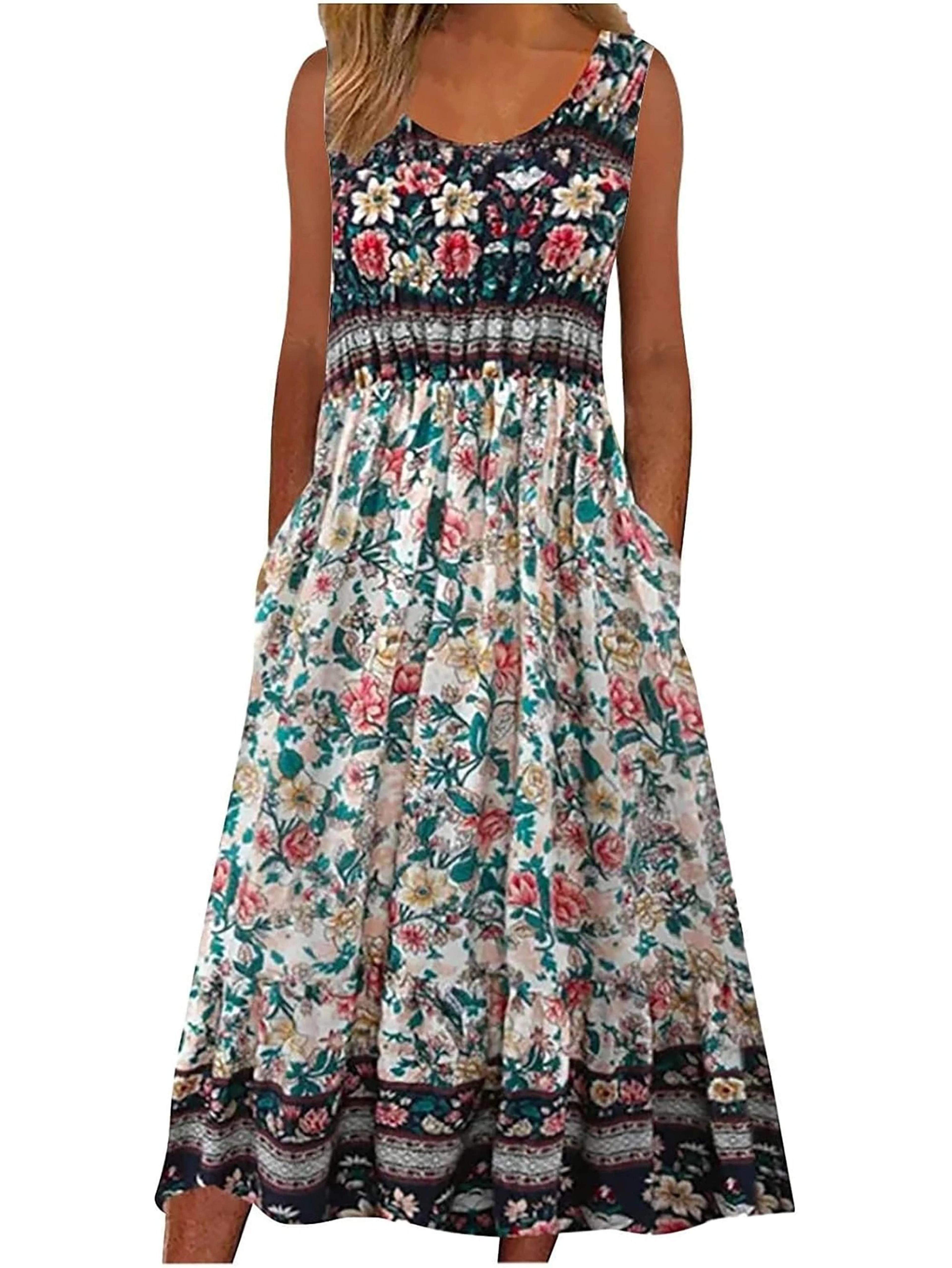 Womens Sleeveless Bohemian Floral Midi Sundress With Pockets 5