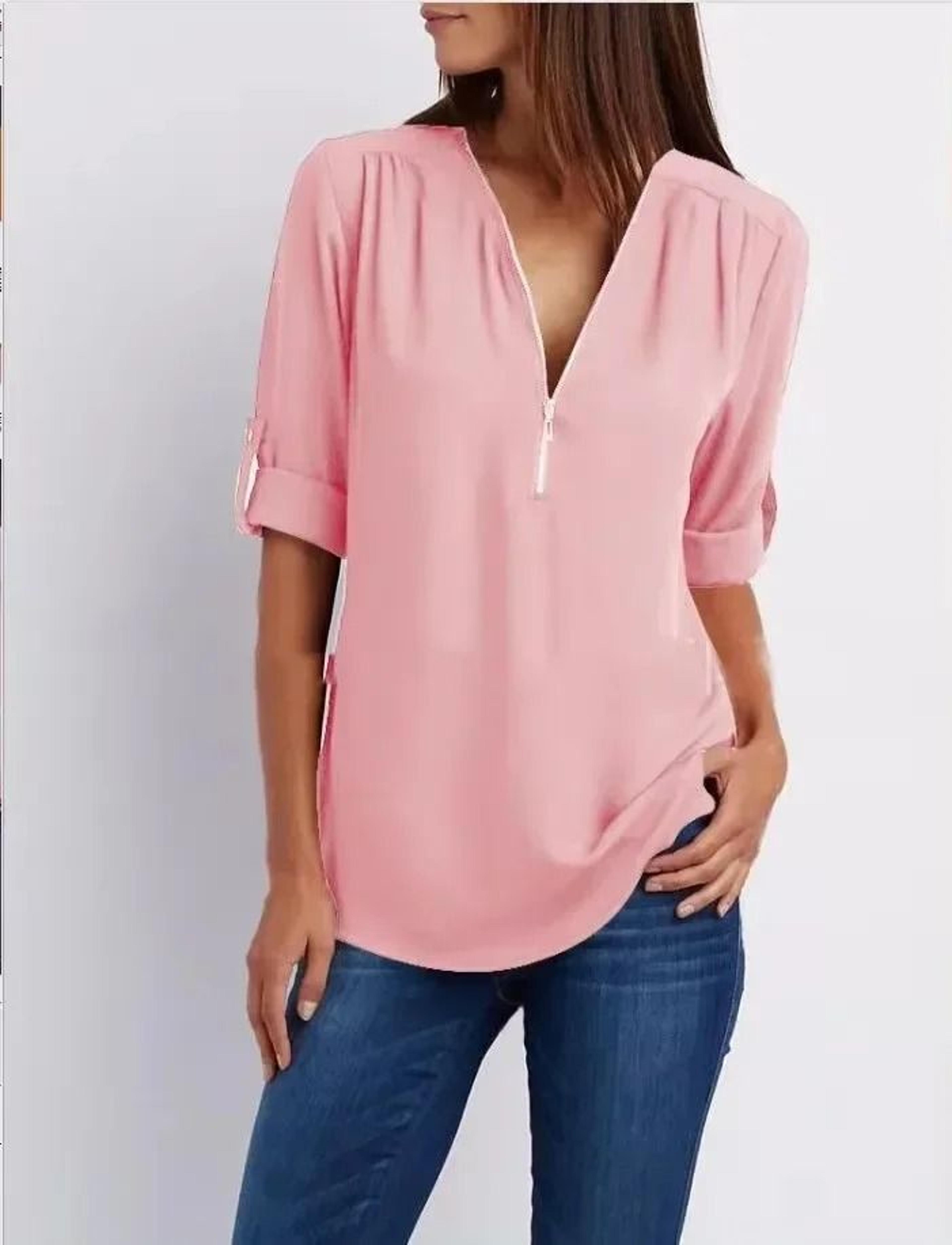 Womens Loose Deep V Neck Chiffon Zipper Pullover Plus Size Top 14