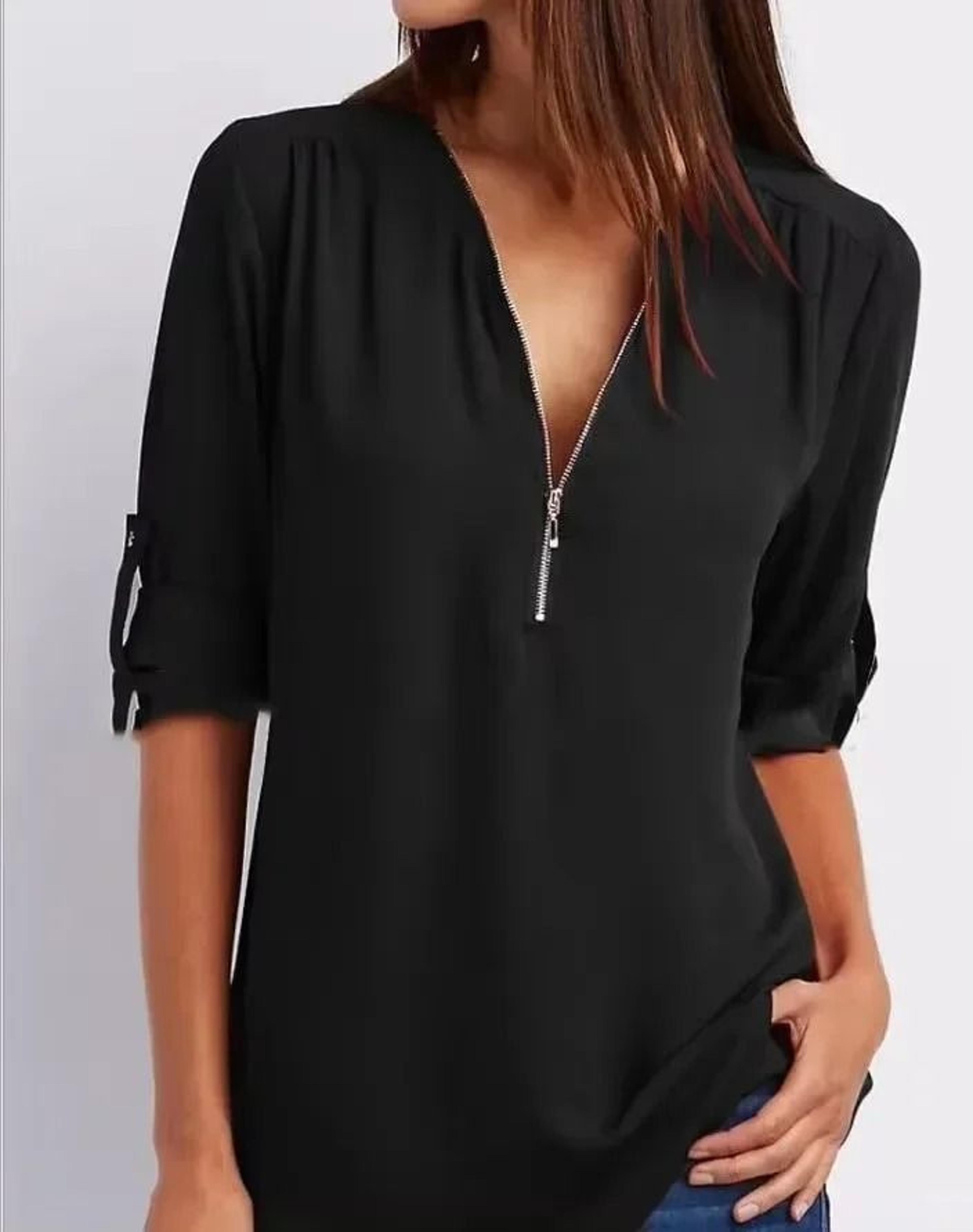 Womens Loose Deep V Neck Chiffon Zipper Pullover Plus Size Top 15