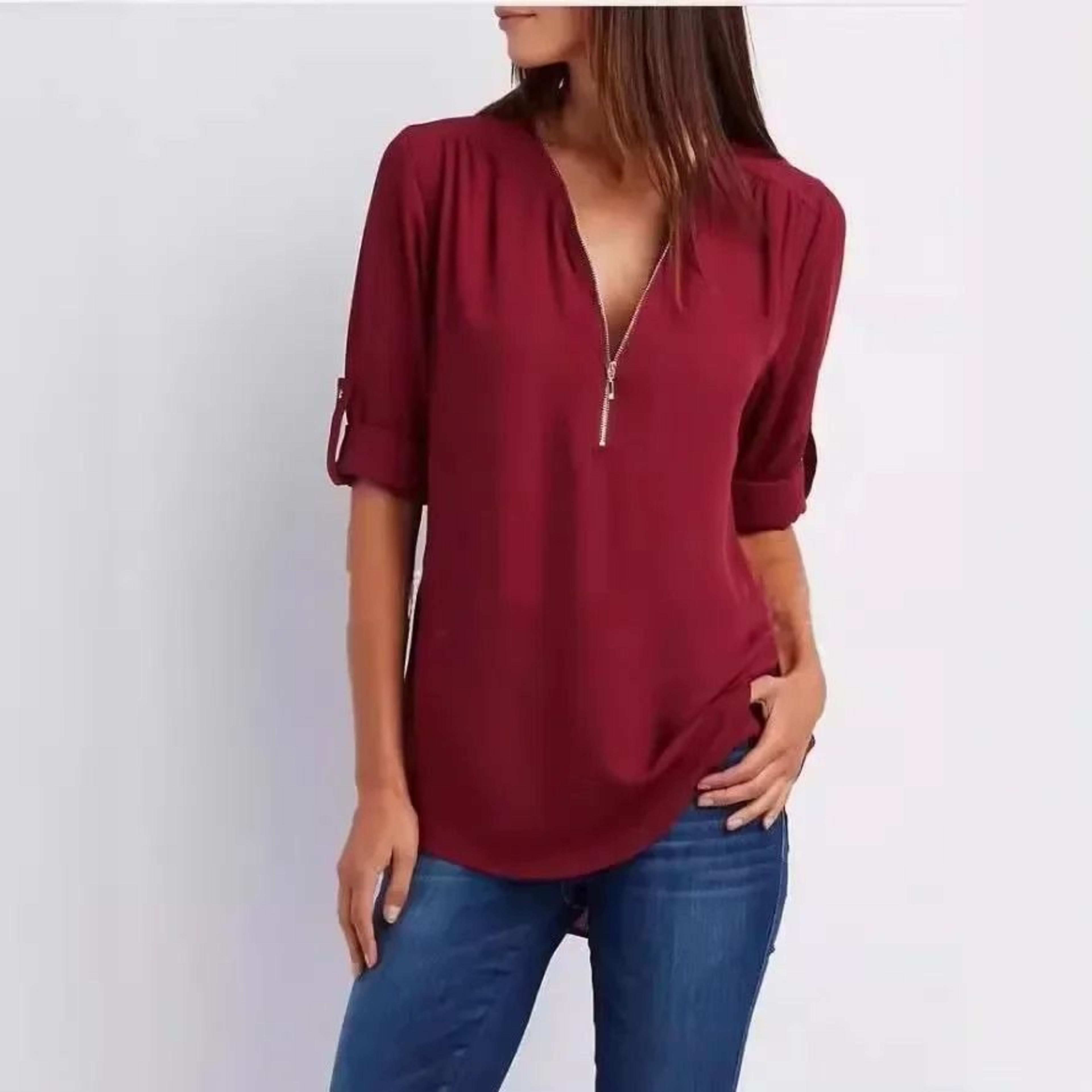 Womens Loose Deep V Neck Chiffon Zipper Pullover Plus Size Top 16