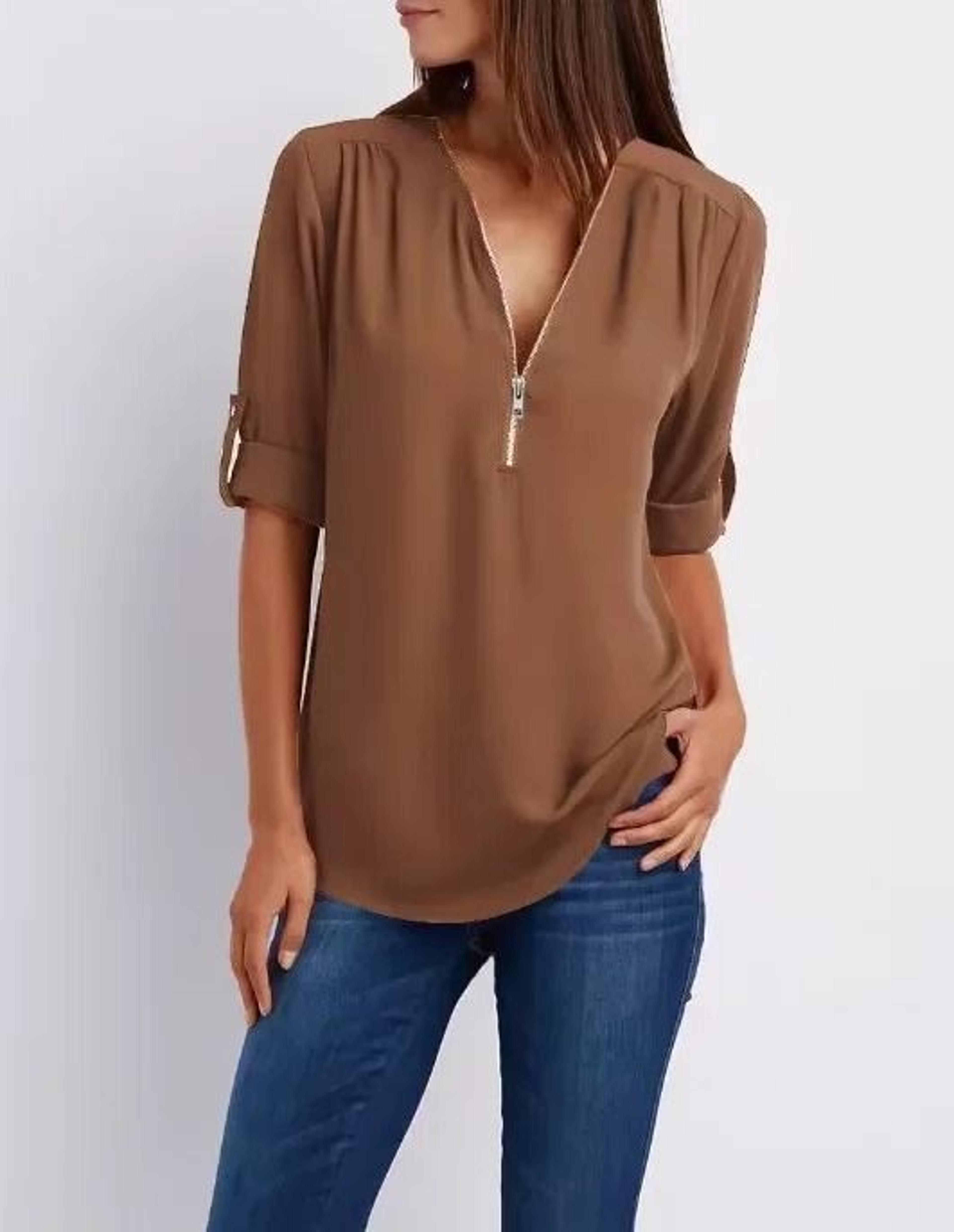 Womens Loose Deep V Neck Chiffon Zipper Pullover Plus Size Top 23
