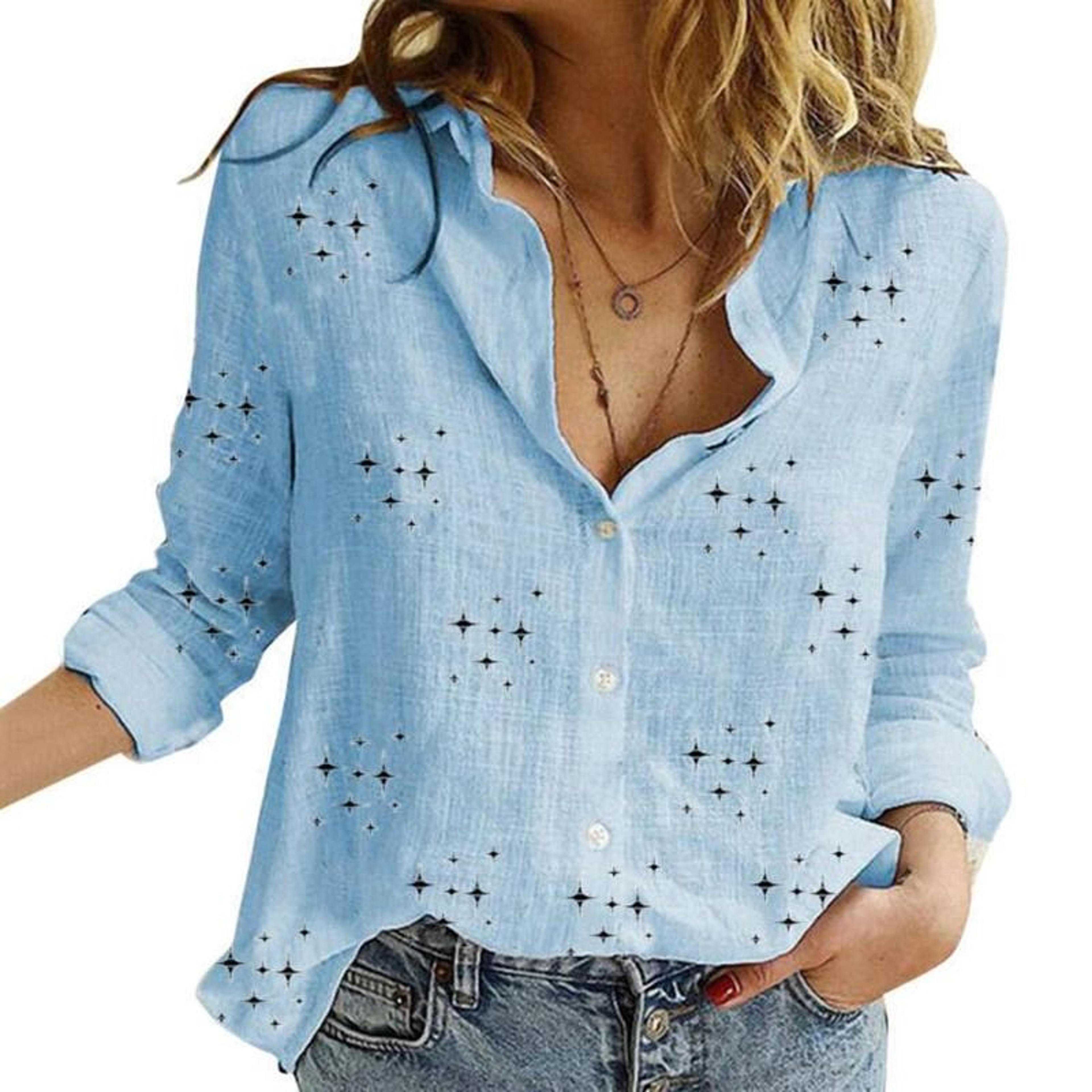 Womens Cotton Linen Button Down Lapel Blouse 21