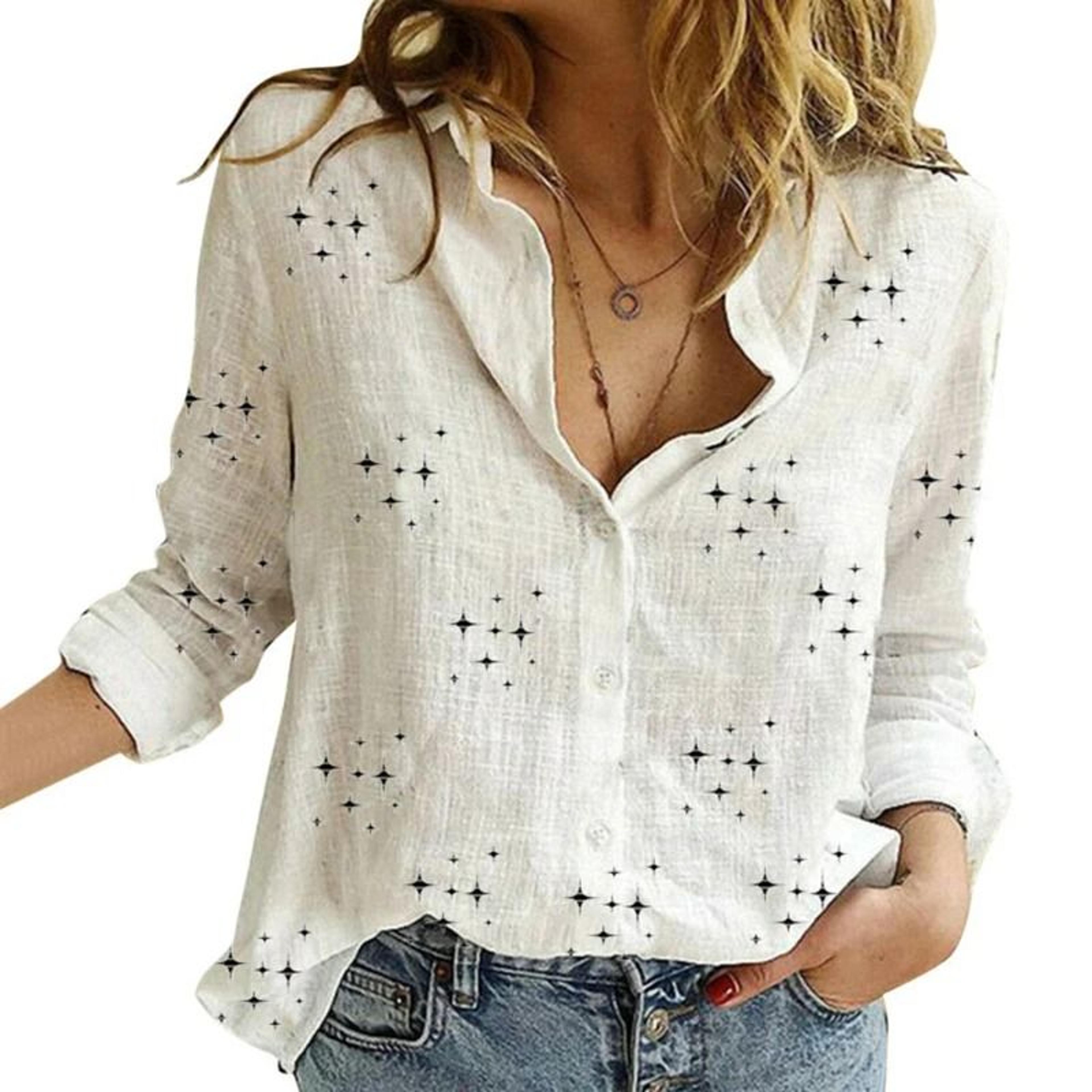 Womens Cotton Linen Button Down Lapel Blouse 23