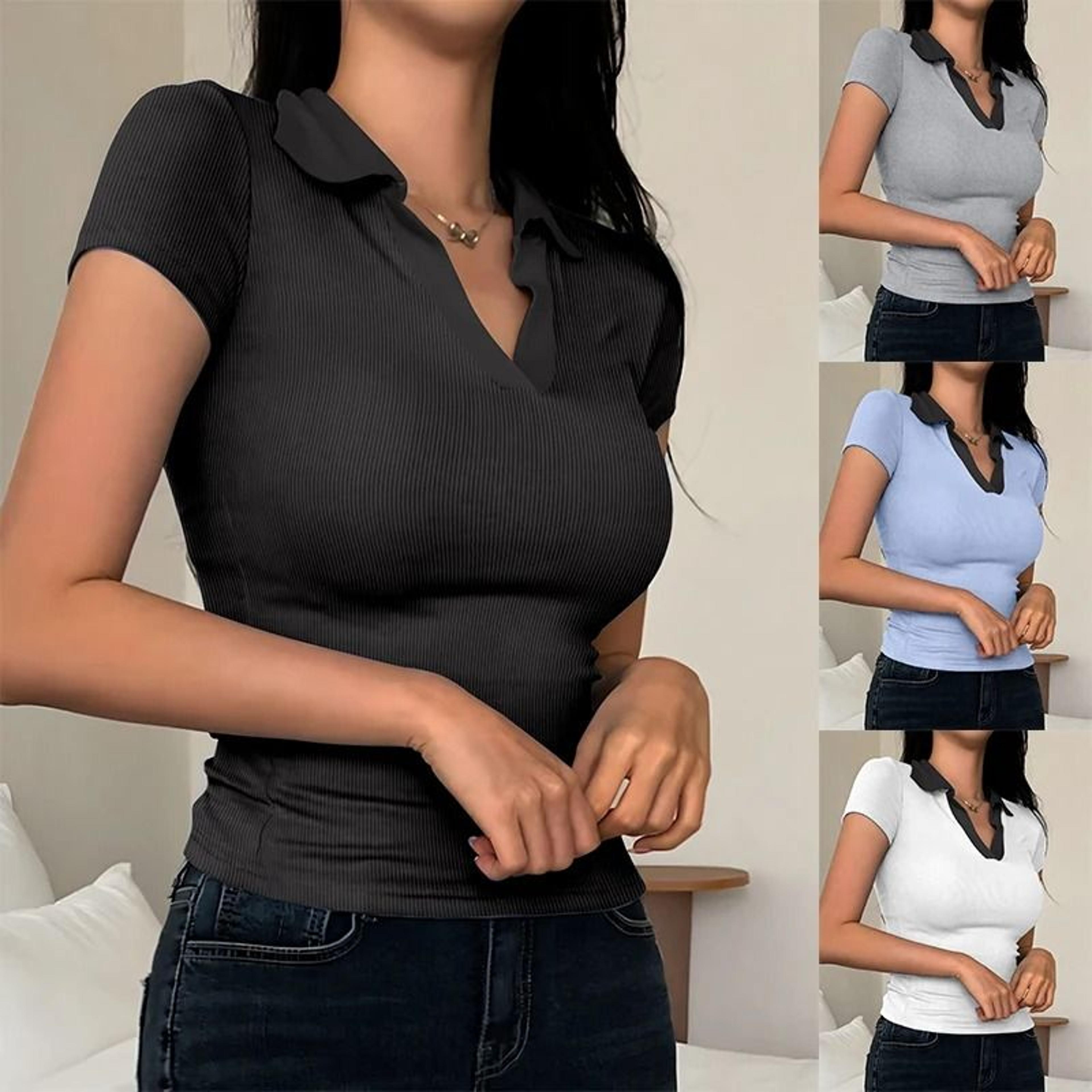 Womens Summer Color Block V Neck Polo Shirt 0
