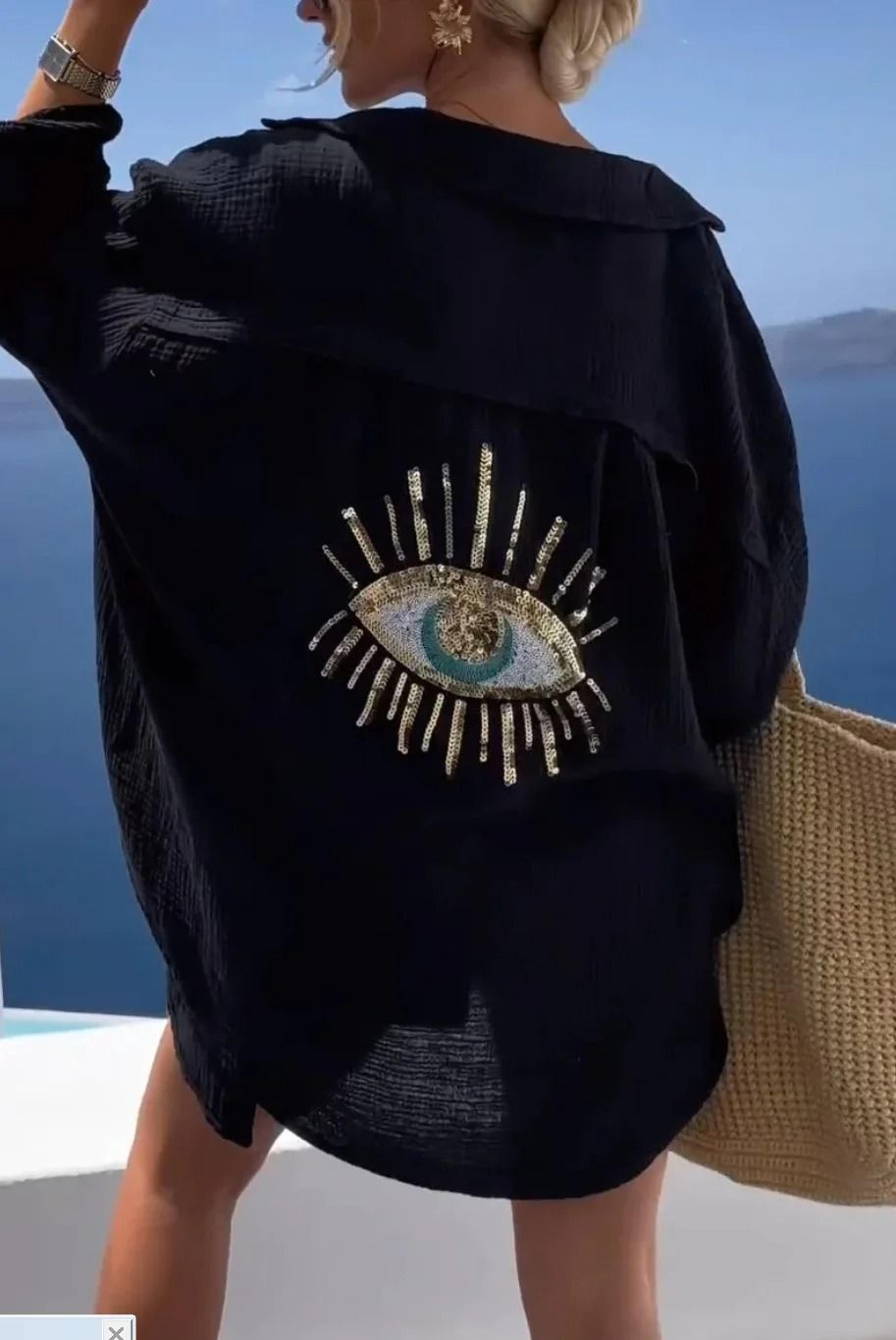 Casual Bright Sequin Evil Eye Long Sleeve Cotton Blouse 2