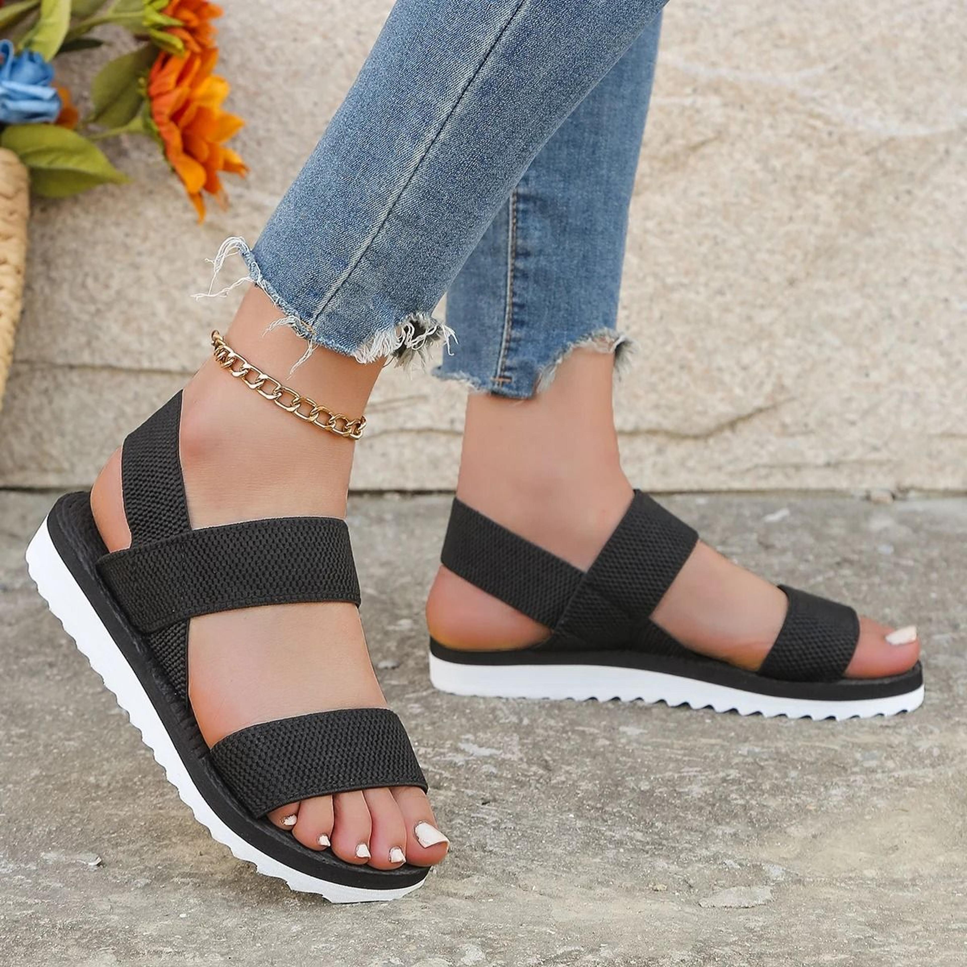 Womens Black Flat Sandals With Anti Slip Shoelace Sole 1