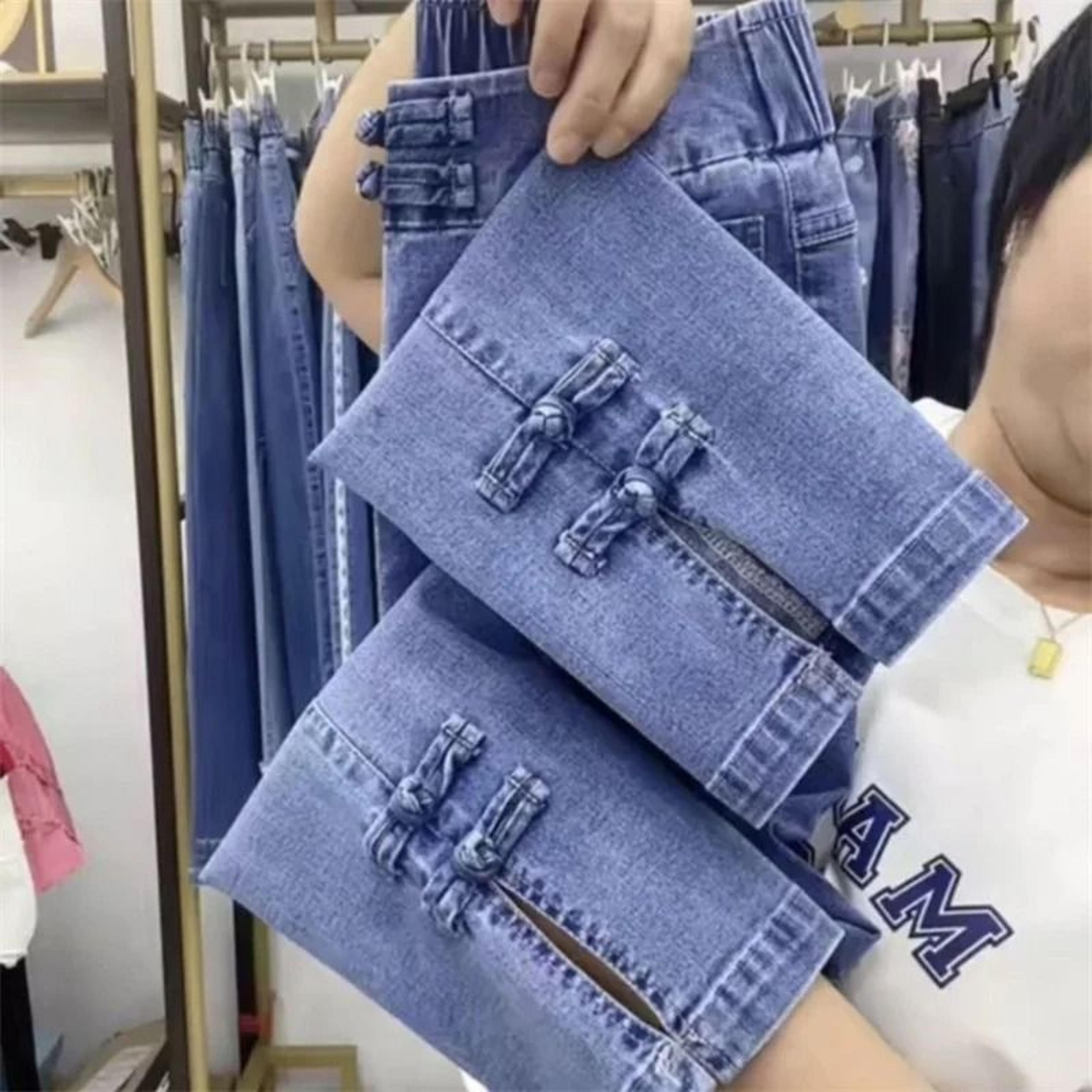 Korean Loose Straight Ankle Length High Stretch Women Denim Pants 6