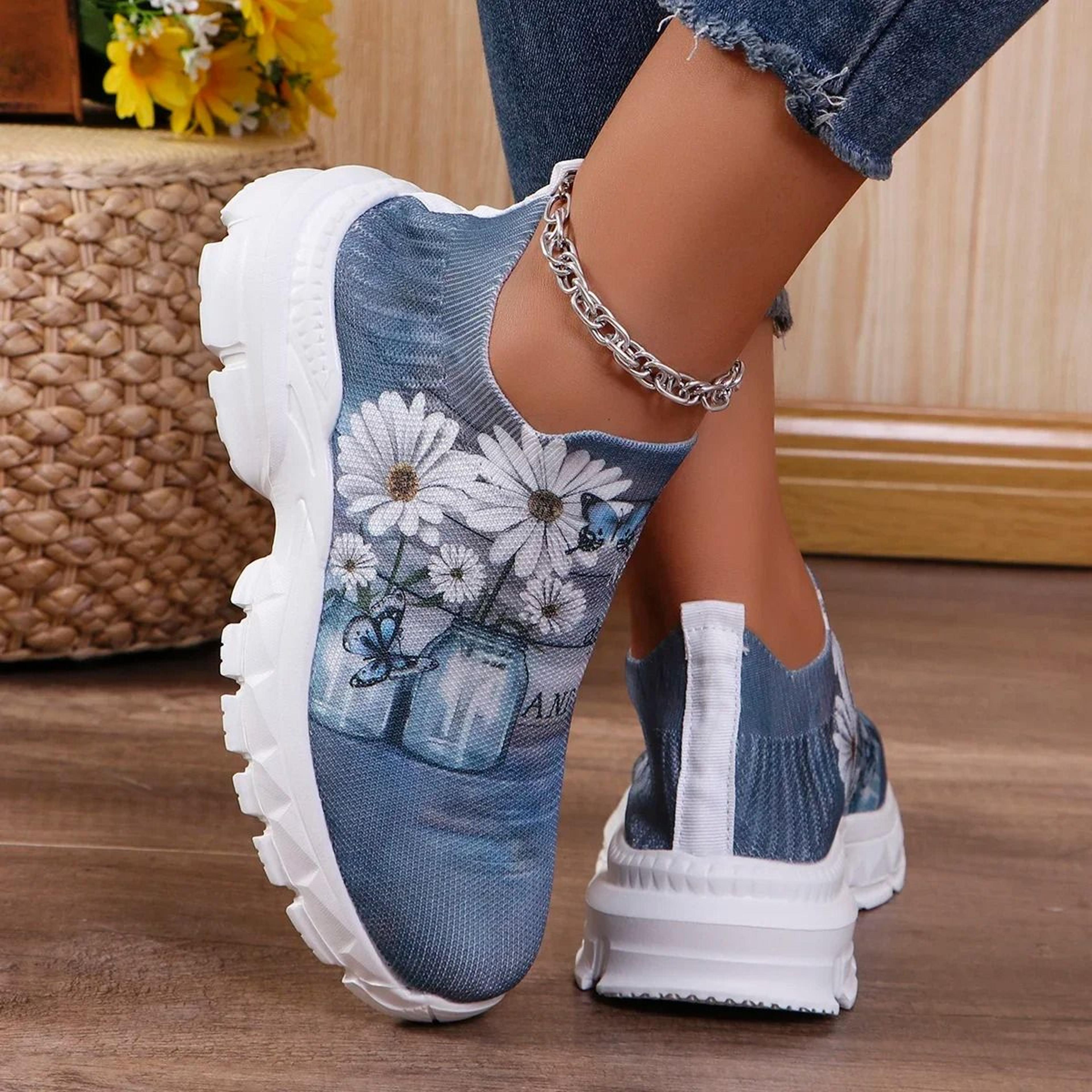 Letters Floral Print Platform Sneakers For Women Fashion Knitting Casual Sports Shoes 2