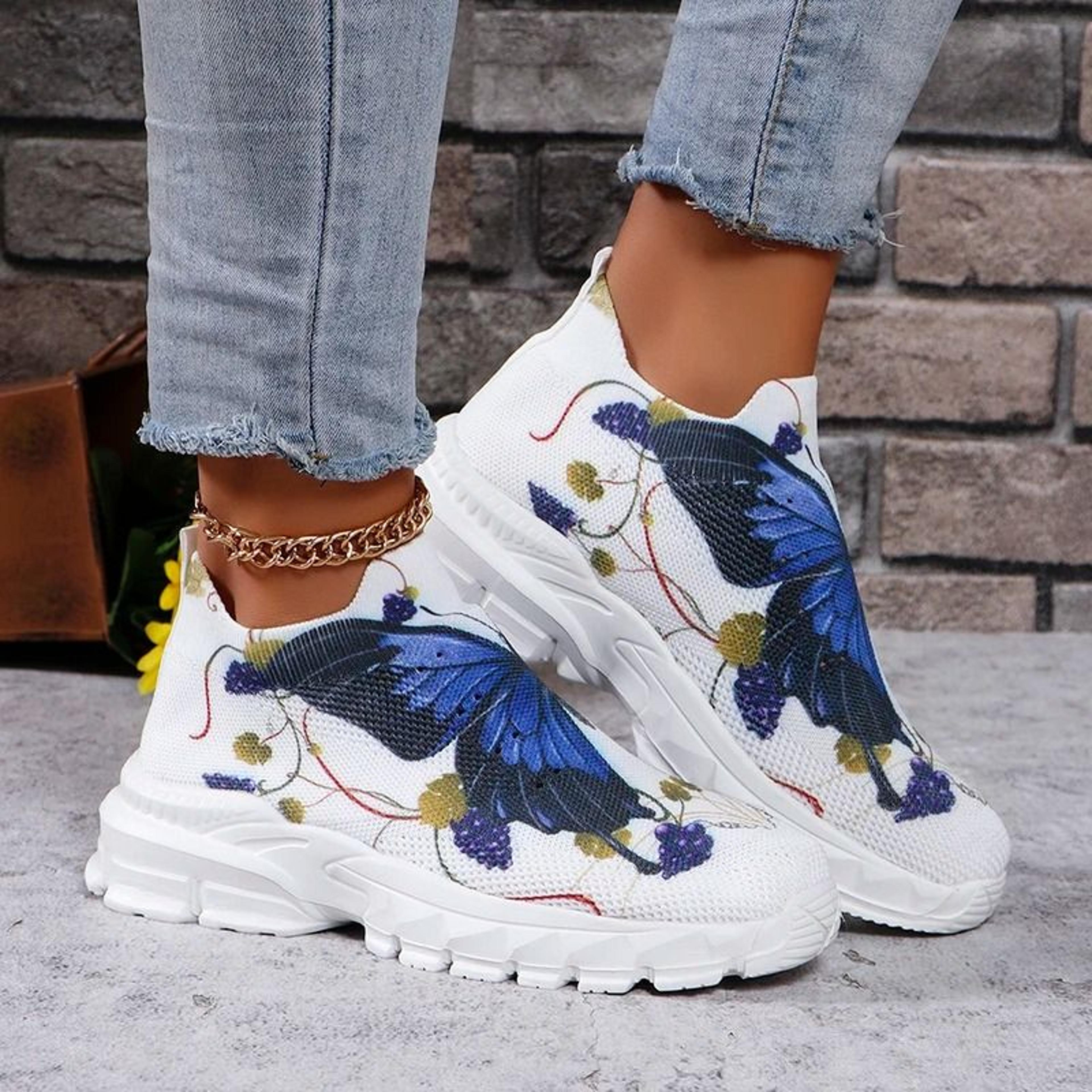 Letters Floral Print Platform Sneakers For Women Fashion Knitting Casual Sports Shoes 7