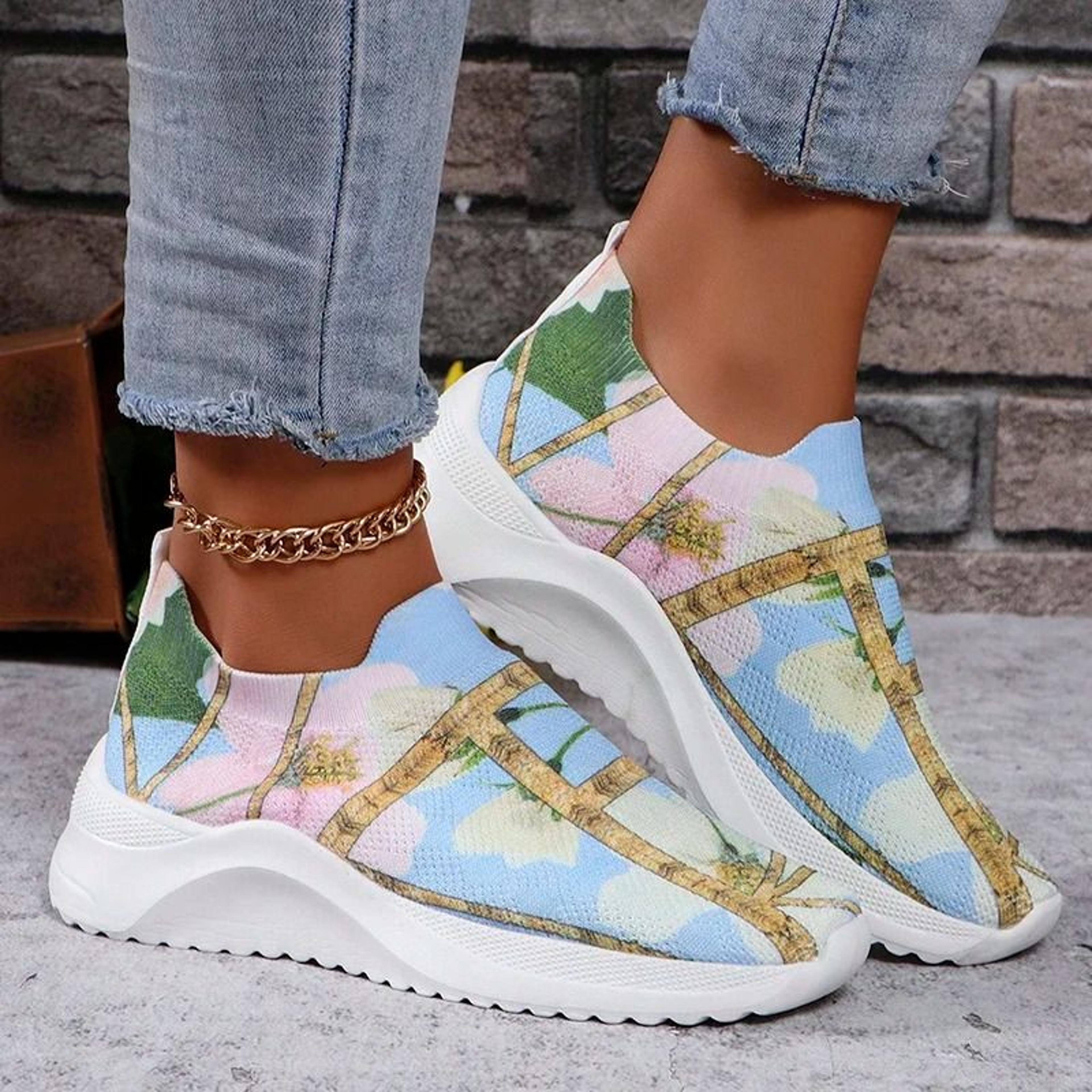 Letters Floral Print Platform Sneakers For Women Fashion Knitting Casual Sports Shoes 10