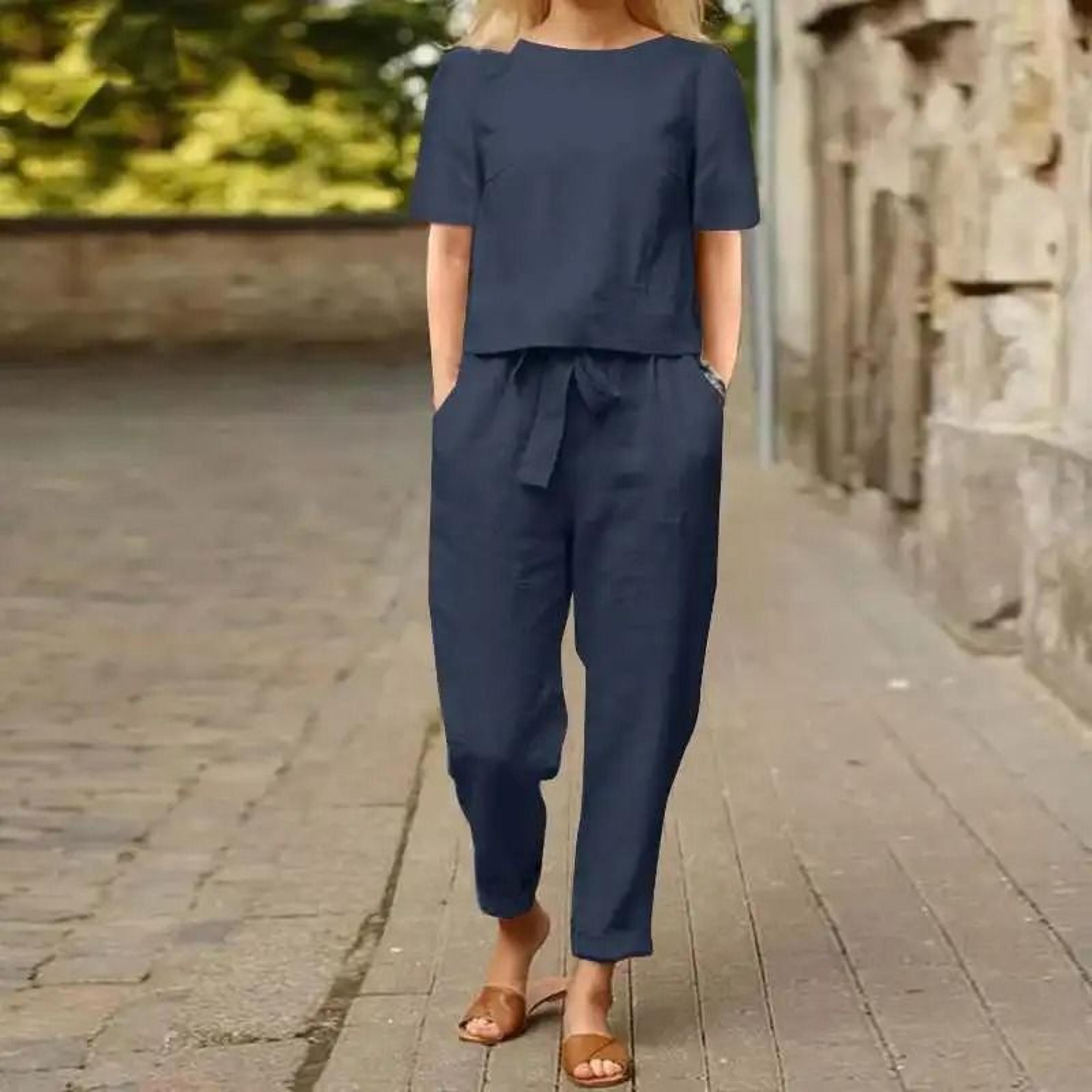 Womens Cotton Linen Matching Suit Lightweight Wide Leg Pants And Tie Waist Top 8