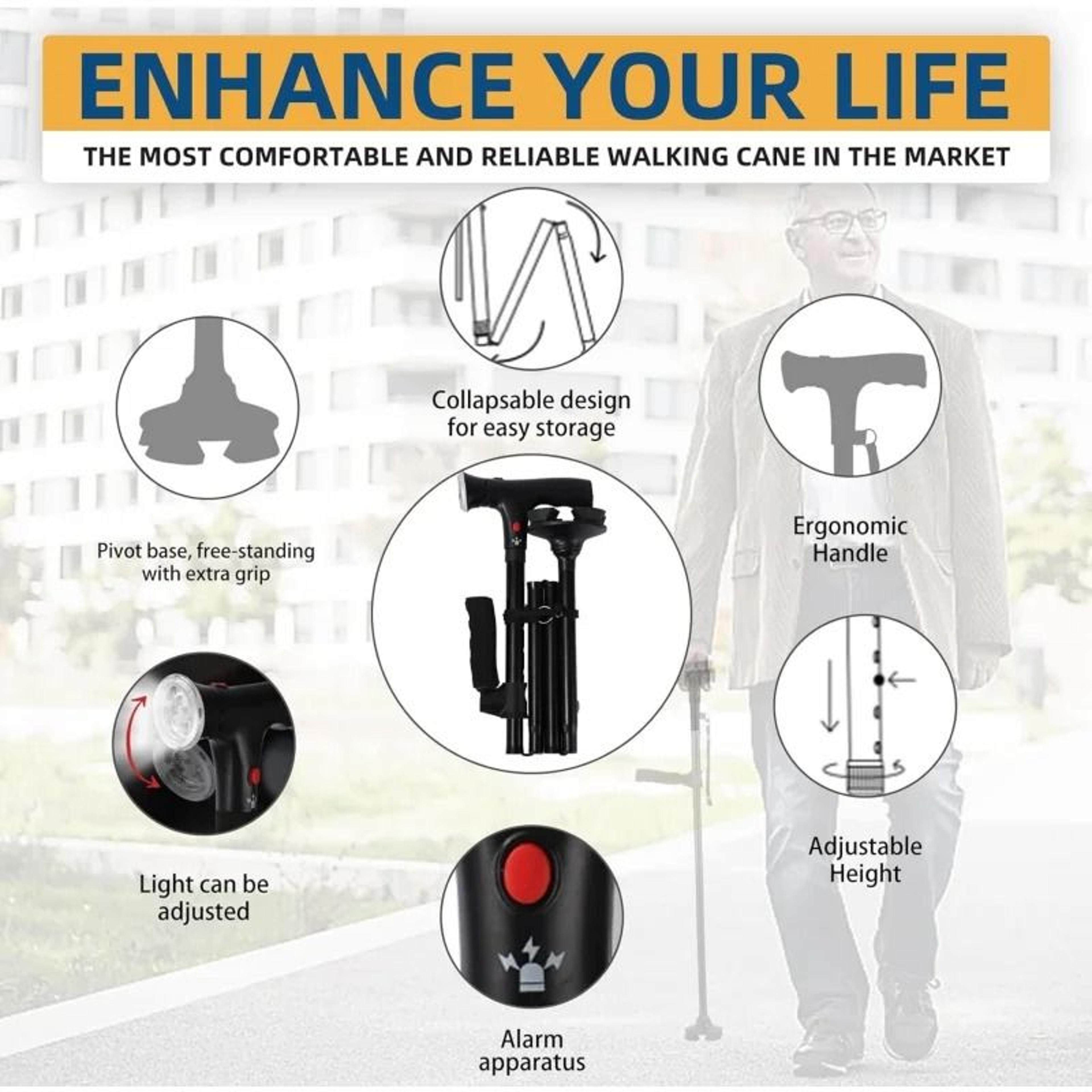 Folding Walking Cane With LED Light Adjustable Lightweight Collapsible Anti Slip Quad Base 2
