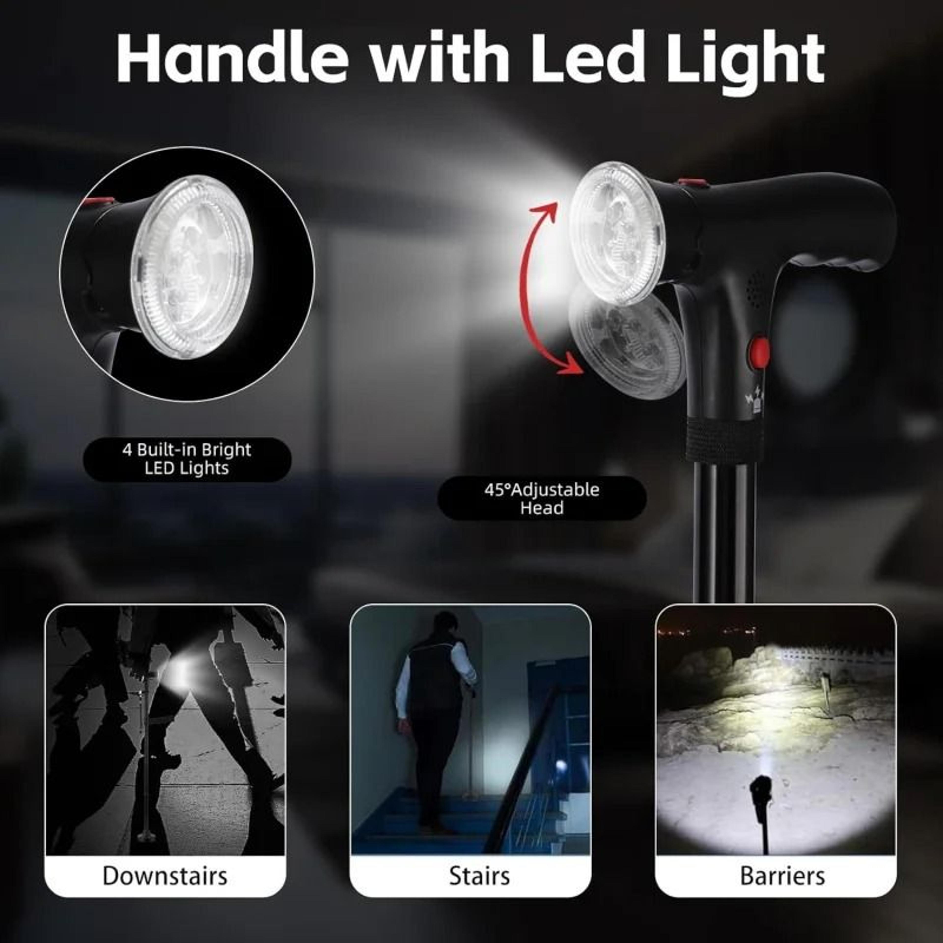 Folding Walking Cane With LED Light Adjustable Lightweight Collapsible Anti Slip Quad Base 3