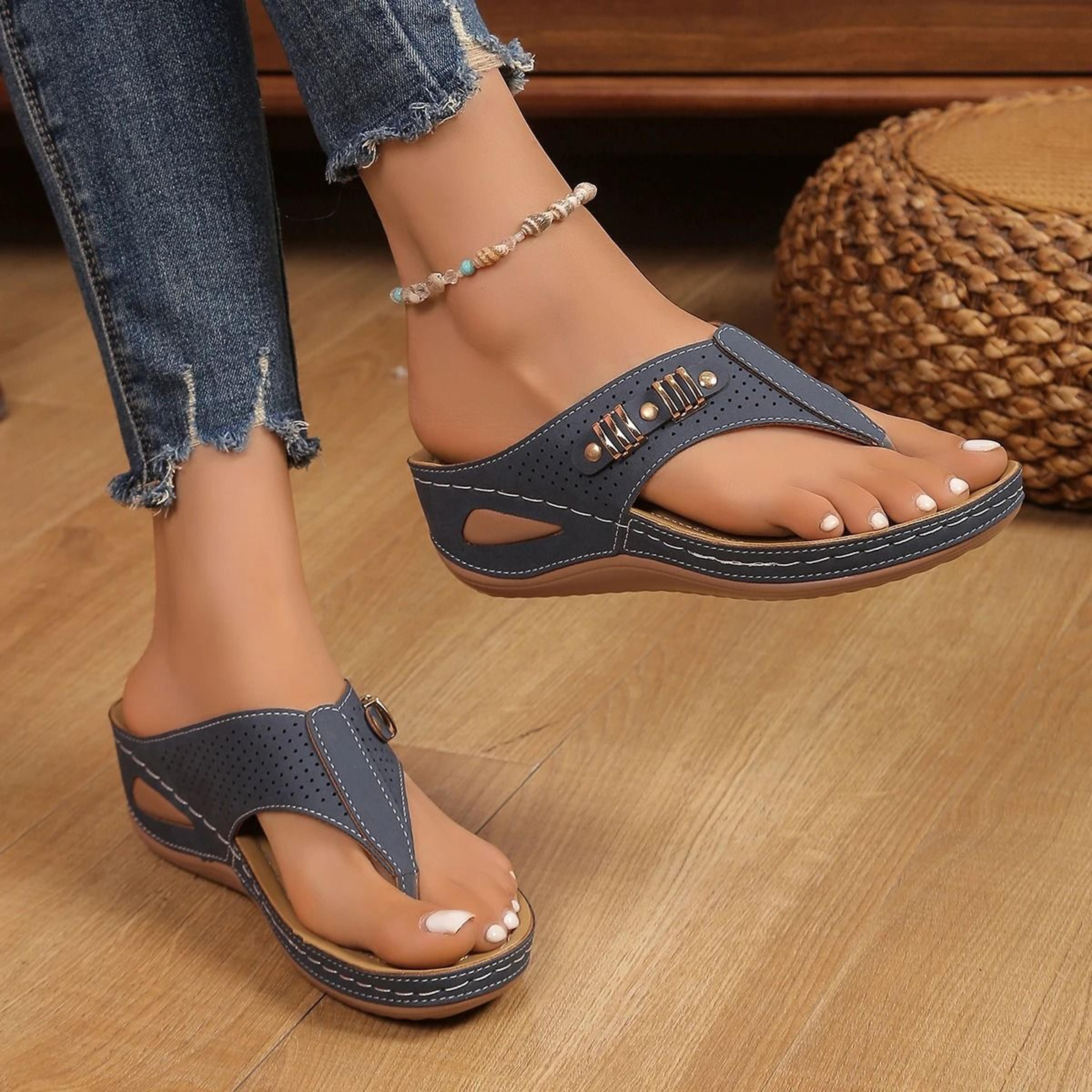 Women Leather Non Slip Soft Platform Sandal Orthopedic Flip Flops Summer Slides 5