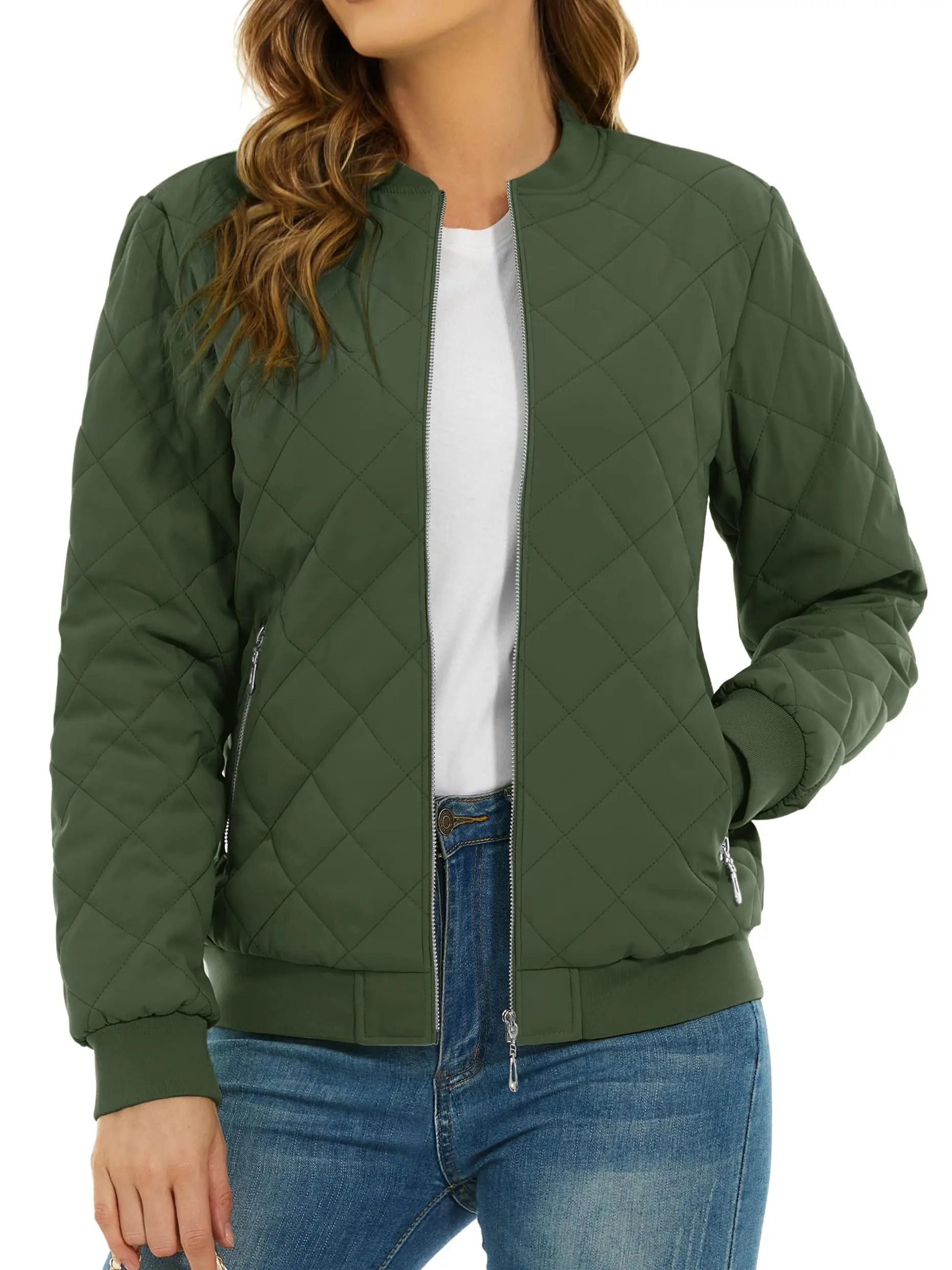 Womens Diamond Quilted Bomber Jacket Full Zip Warm Padded Coat 15