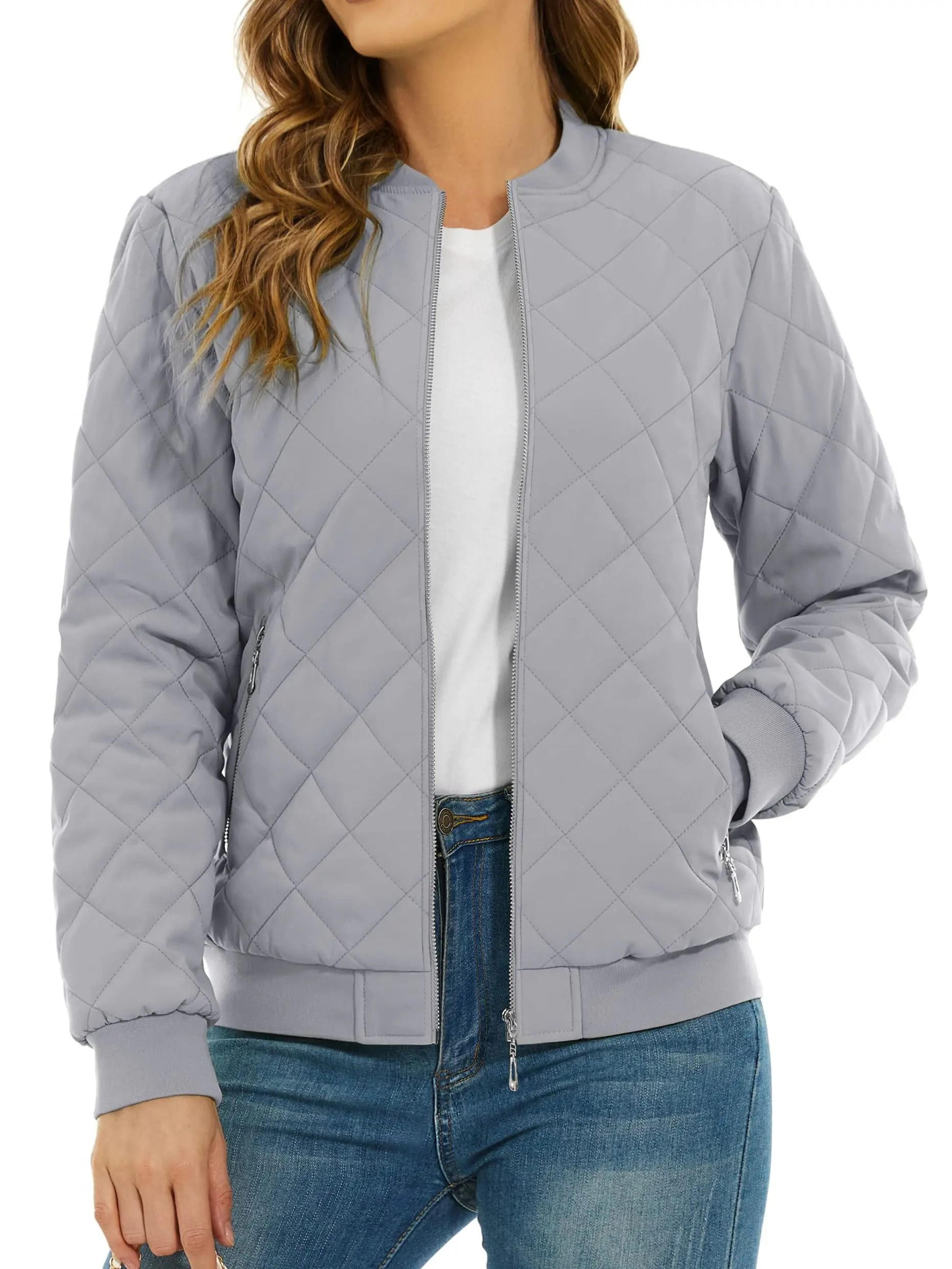 Womens Diamond Quilted Bomber Jacket Full Zip Warm Padded Coat 17