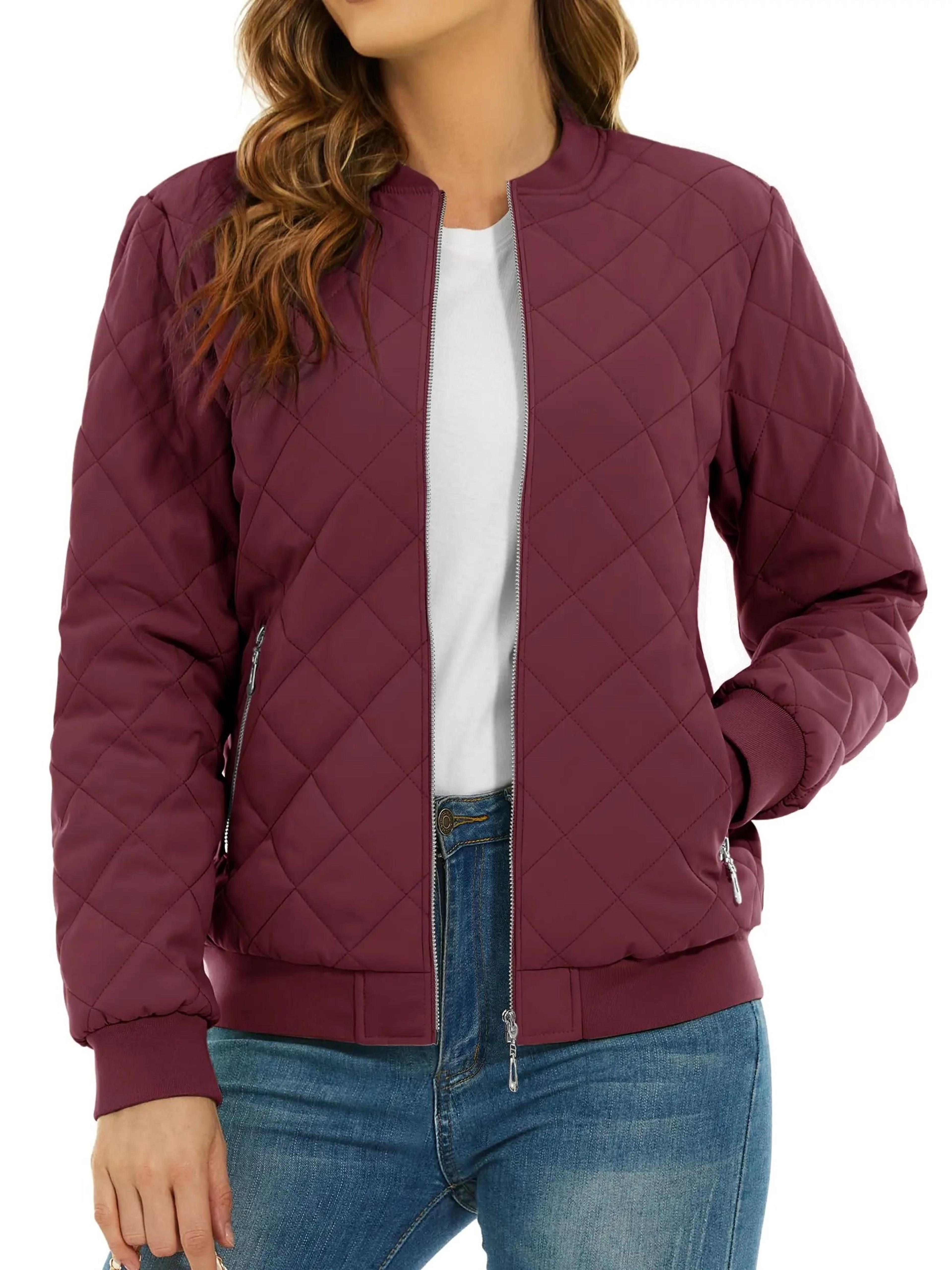 Womens Diamond Quilted Bomber Jacket Full Zip Warm Padded Coat 21