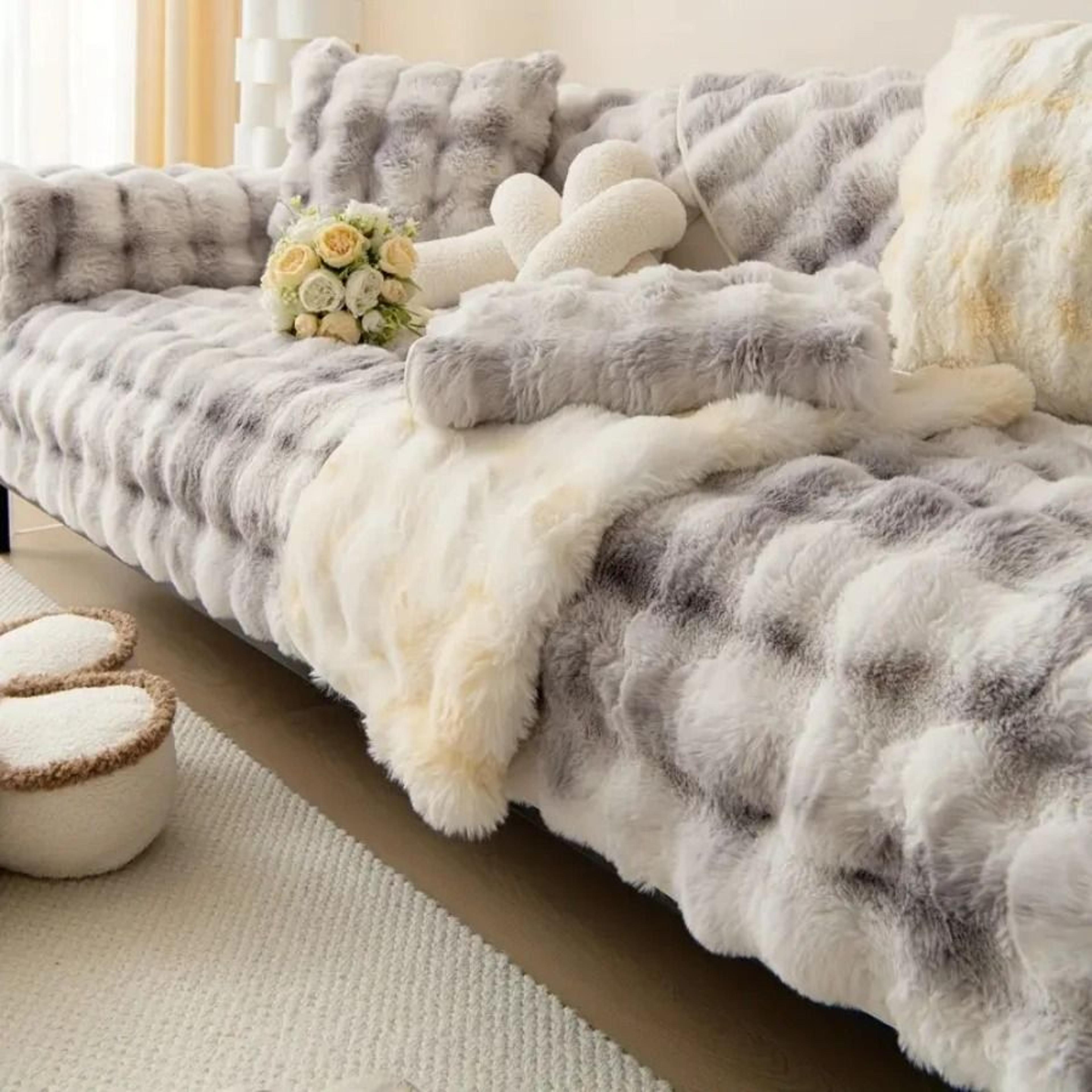 Thick Faux Rabbit Fur Sofa Slipcover Non Slip Plush Couch Cushion Cover 13