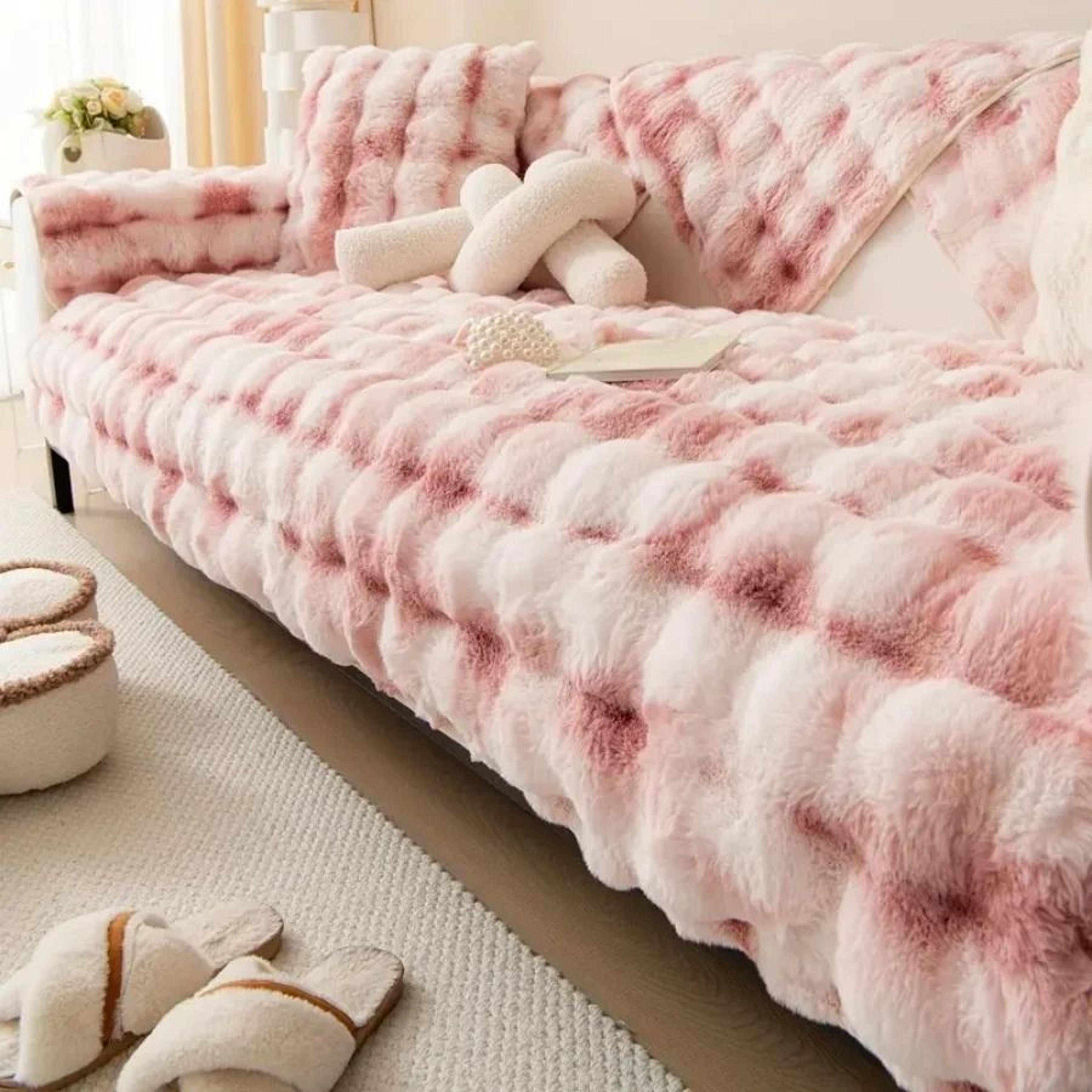 Thick Faux Rabbit Fur Sofa Slipcover Non Slip Plush Couch Cushion Cover 16