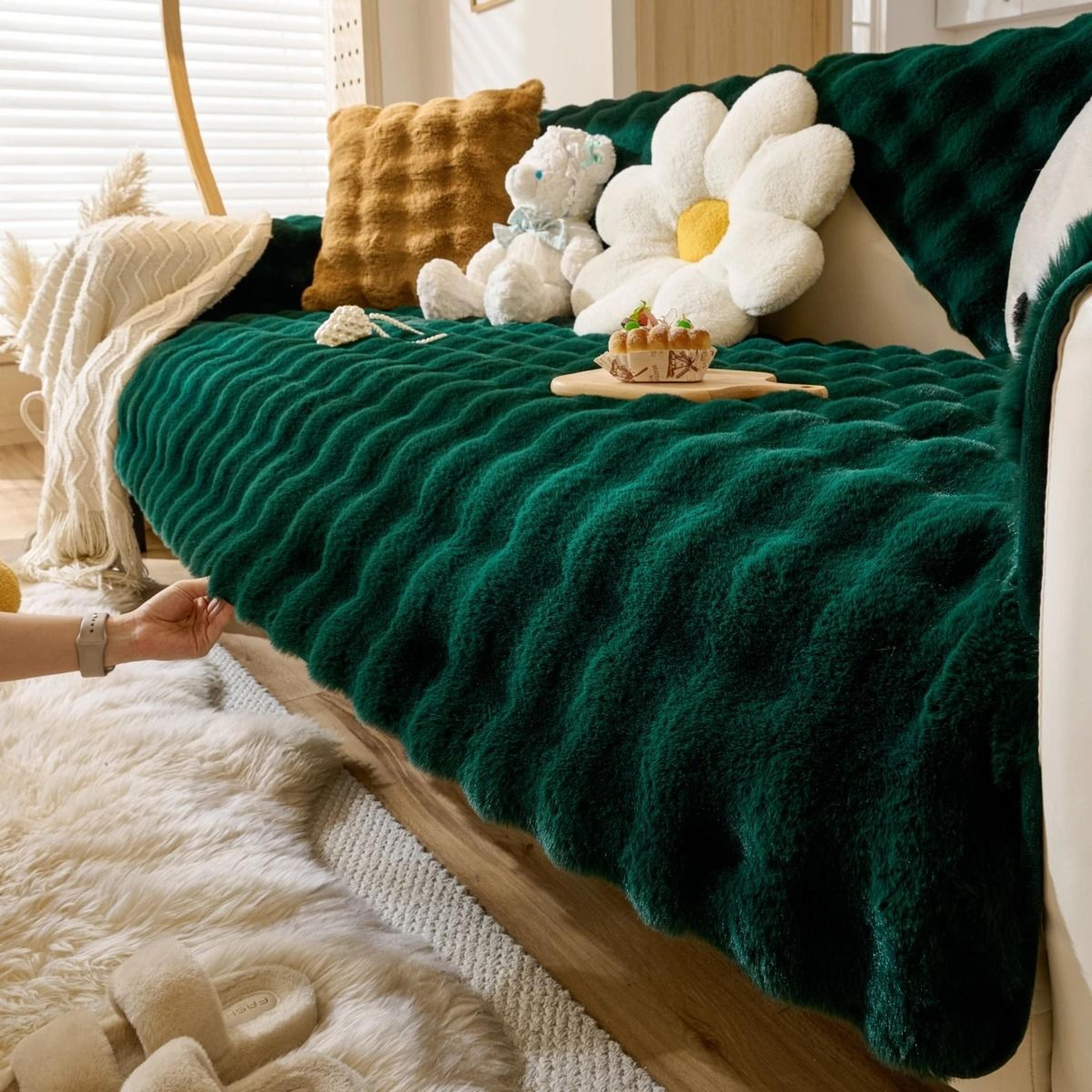 Thick Faux Rabbit Fur Sofa Slipcover Non Slip Plush Couch Cushion Cover 5